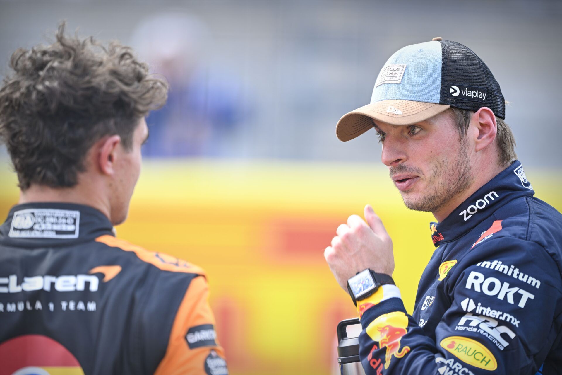 Austin, Texas, USA; Oracle Red Bull Racing driver Max Verstappen (right) talks with Formula 1 Team driver Lando Norris (left) of Team Great Britain after the Sprint Race in the 2024 Formula One US Grand Prix at Circuit of the Americas.