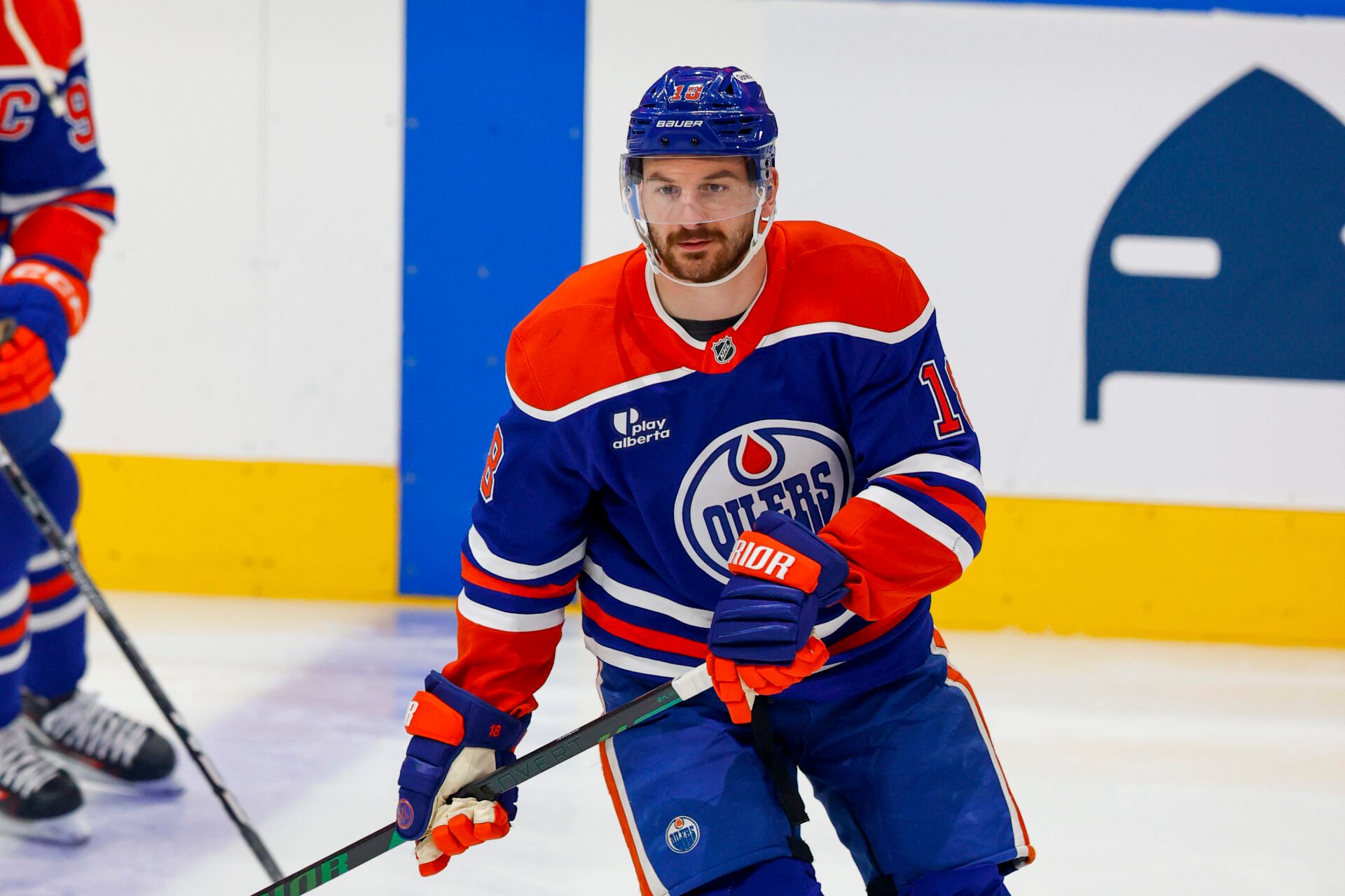 Edmonton Oilers left wing Zach Hyman (18) skates in warmup prior to the game against the Dallas Stars in game four of the Western Conference Final of the 2025 Stanley Cup Playoffs at Rogers Place. Hyman leaves game in first period and will not return.
