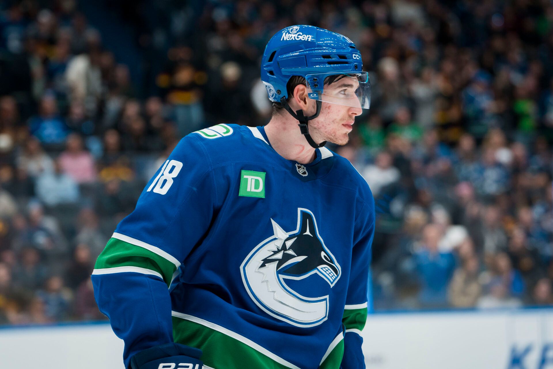 Vancouver Canucks forward Drew O'Connor (18) during a stop in play against the Colorado Avalanche in the third period at Rogers Arena.