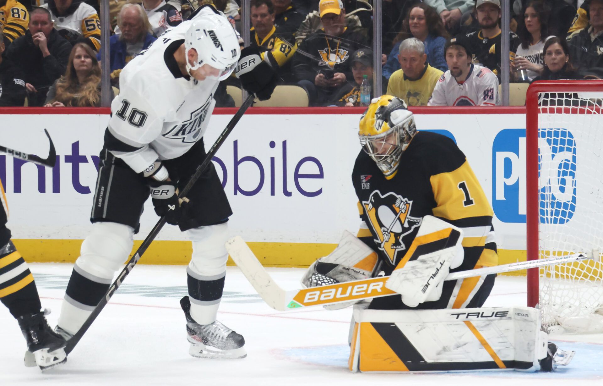 Pittsburgh Penguins goaltender Sergei Murashov (1) makes a save against Los Angeles Kings right wing Corey Perry (10) during the second period at PPG Paints Arena.