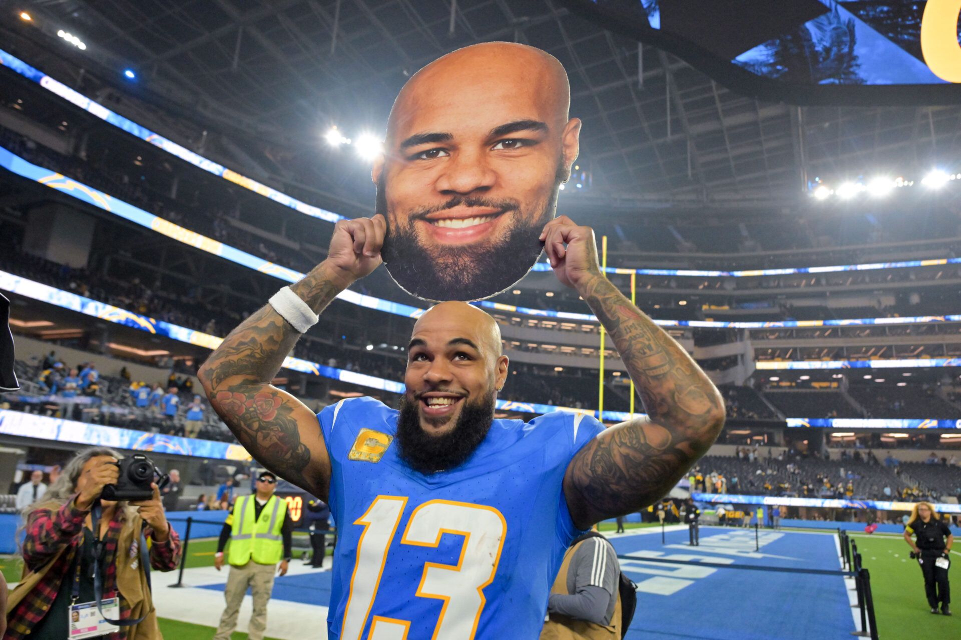 Los Angeles Chargers wide receiver Keenan Allen (13) reacts after the game against the Pittsburgh Steelers at SoFi Stadium. Allen set a franchise record for reception in the fourth quarter.