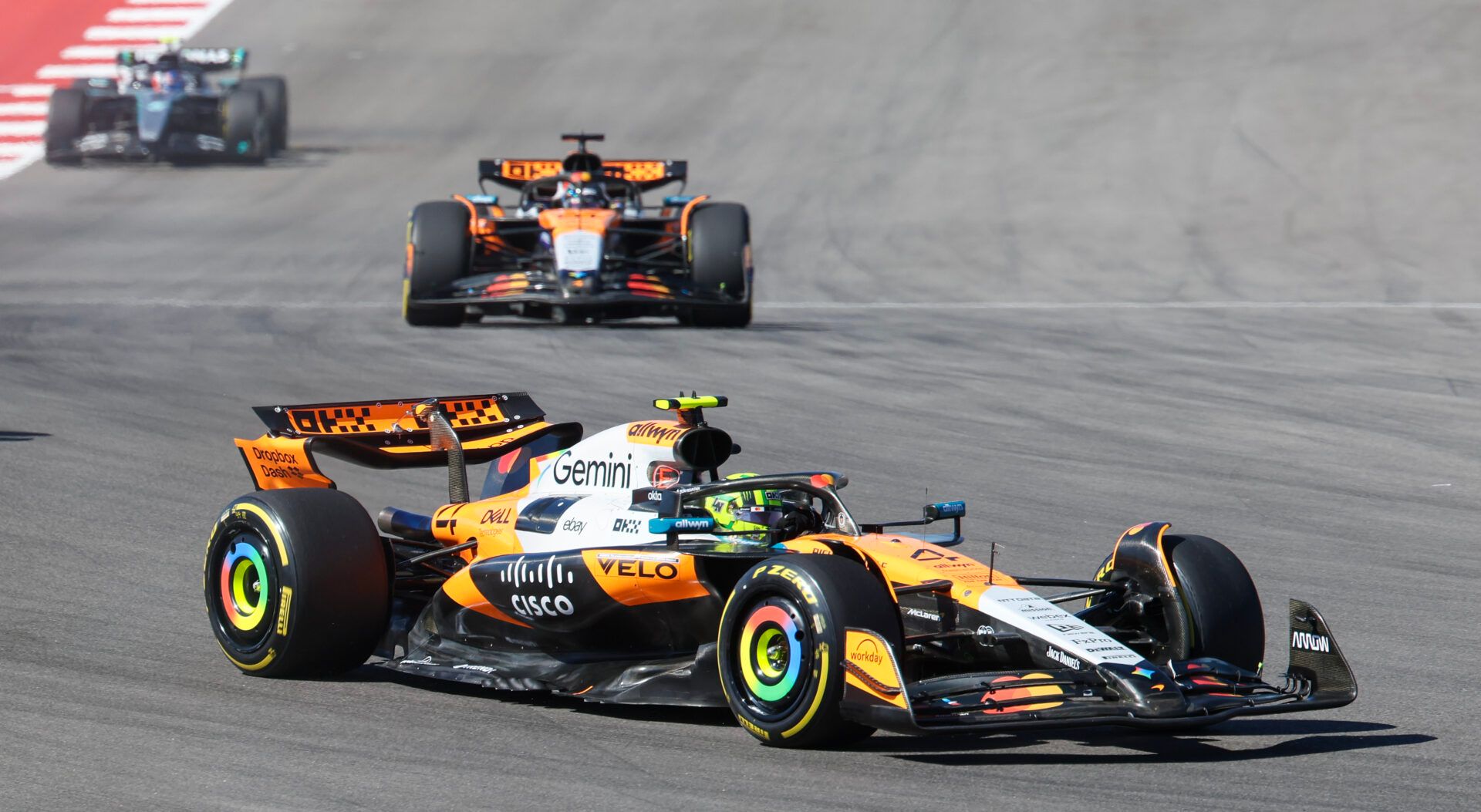 McLaren Renault Team driver Lando Norris (4) of Team Great Britain, second place in turn one at Circuit of The Americas Austin.