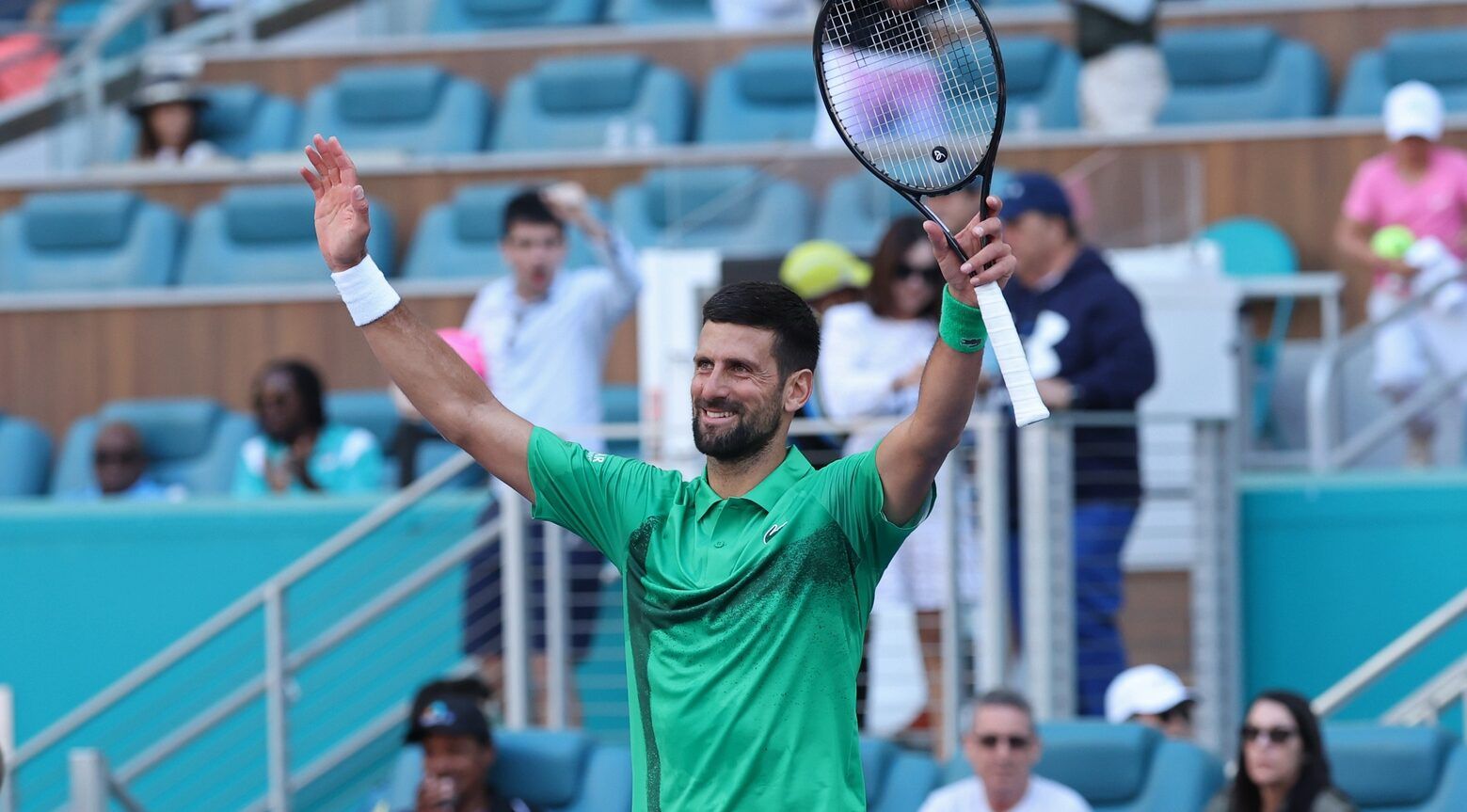 Miami, FL, USA; Novak Djokovic (SRB) waves to the crowd after his match against Rinky Hijikata (AUS)(not pictured) on day four of the Miami Open at Hard Rock Stadium.