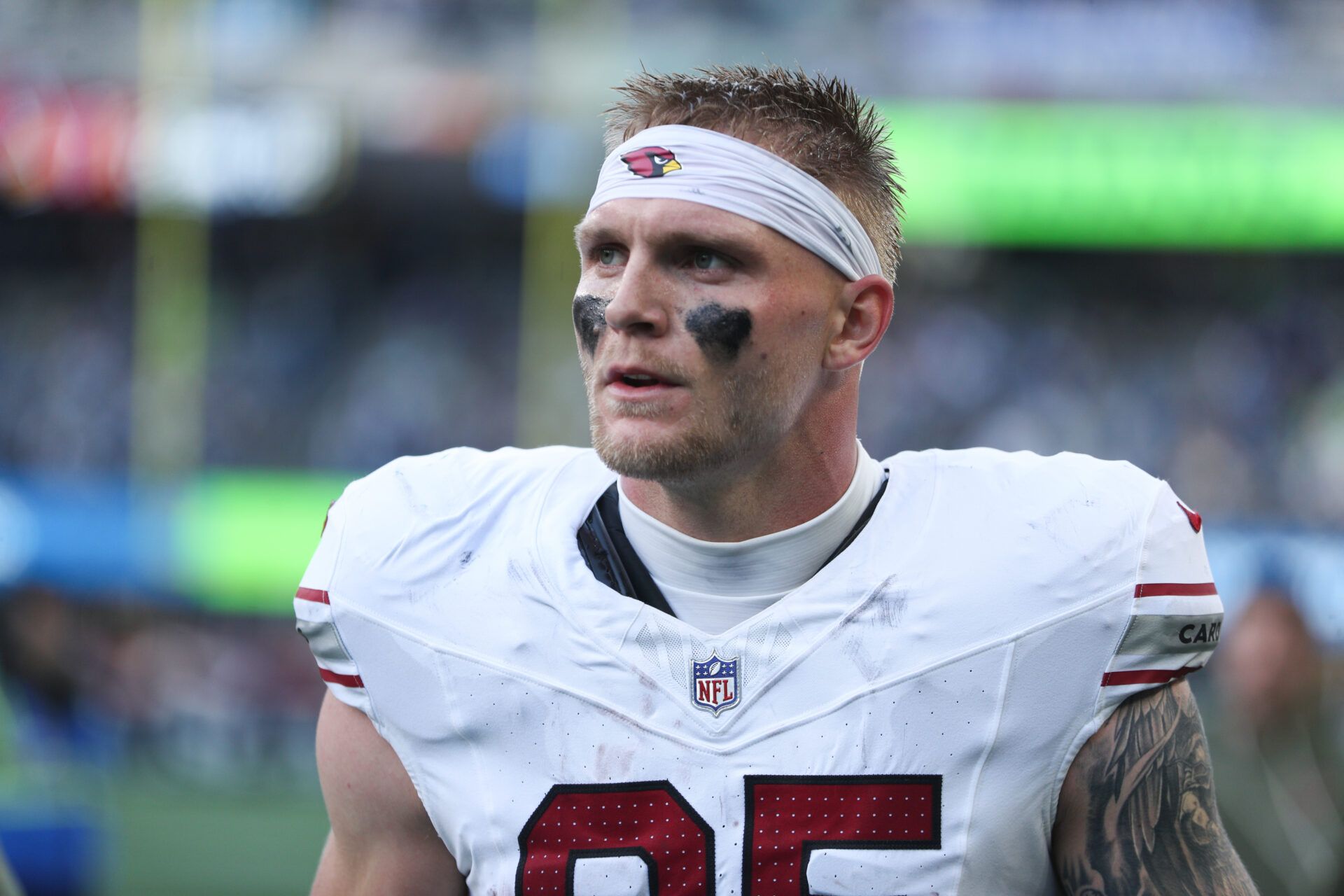 Arizona Cardinals tight end Trey McBride (85) looks on after the second quarter against the Seattle Seahawks at Lumen Field.