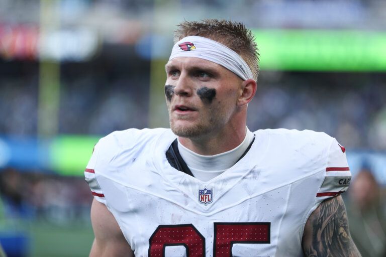 Arizona Cardinals tight end Trey McBride (85) looks on after the second quarter against the Seattle Seahawks at Lumen Field.