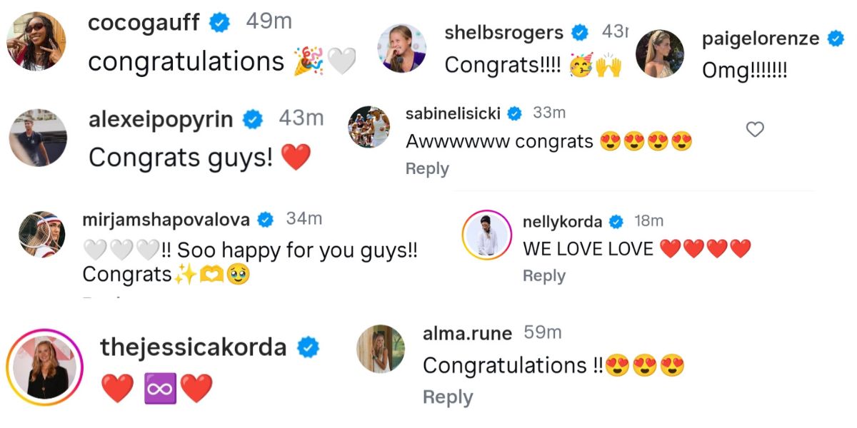 Screen grab of reactions to Sebastian Korda and Ivana Nedvěd's Engagement 