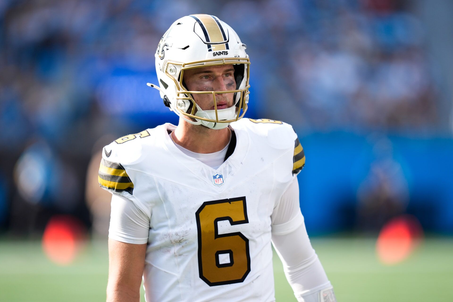 New Orleans Saints quarterback Tyler Shough (6) looks on during the second quarter against the Carolina Panthers at Bank of America Stadium.