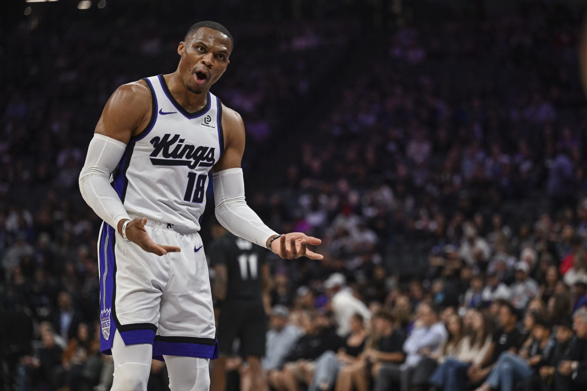 Sacramento Kings guard Russell Westbrook (18) reacts during the second quarter against the Minnesota Timberwolves at Golden 1 Center.