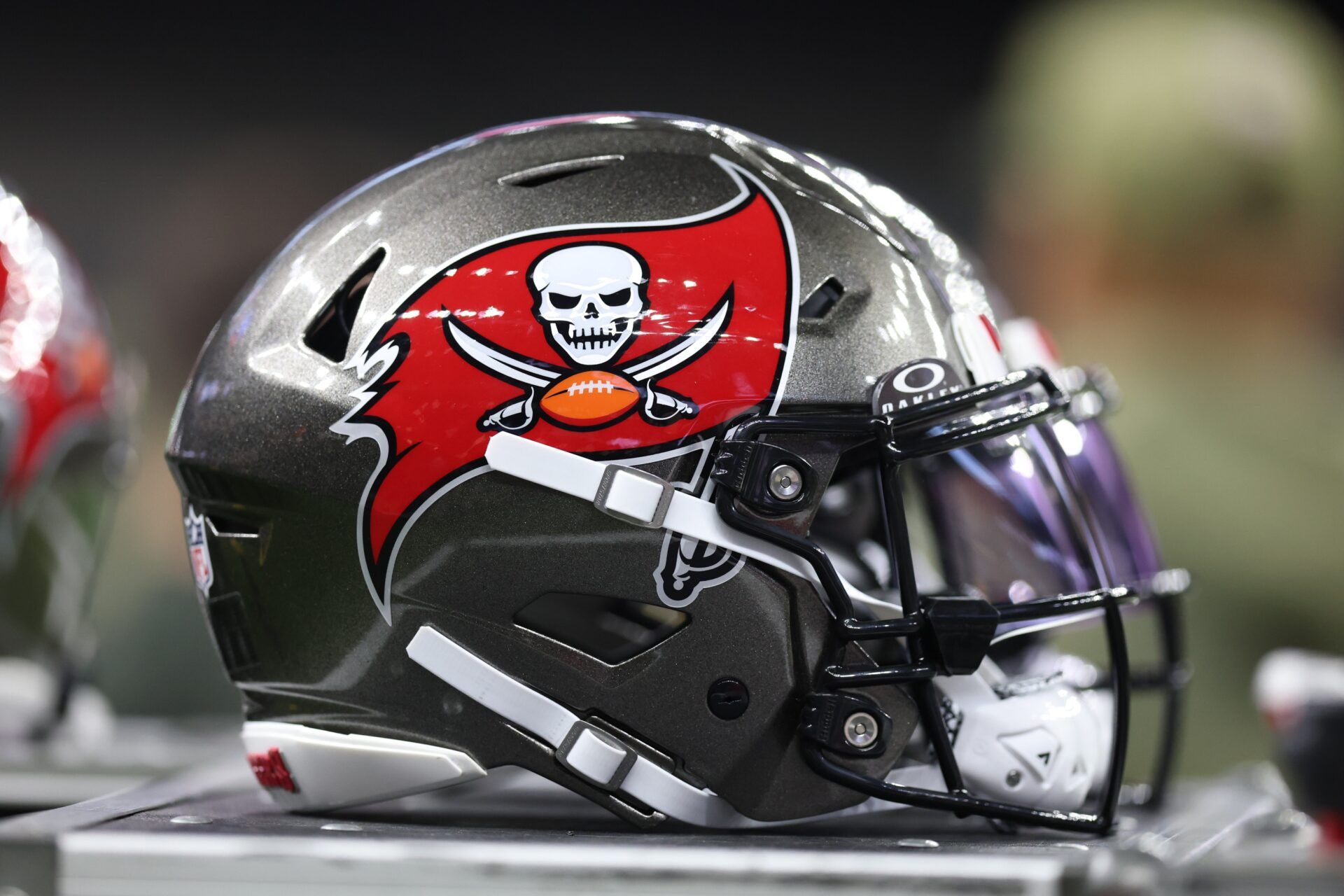 A Tampa Bay Buccaneers helmet is seen on the sidelines prior to a game against the New Orleans Saints at Caesars Superdome.