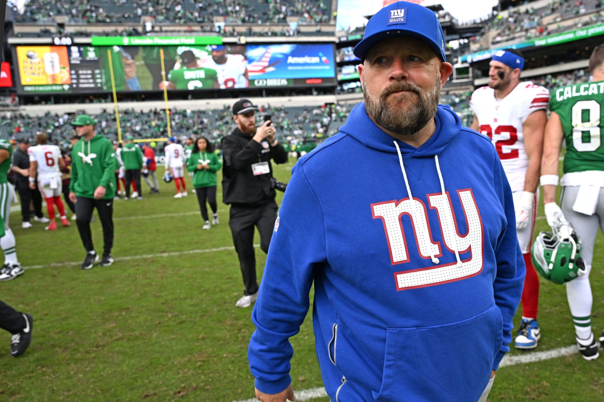 New York Giants head coach Brian Daboll walks off the field after loss to the Philadelphia Eagles at Lincoln Financial Field.