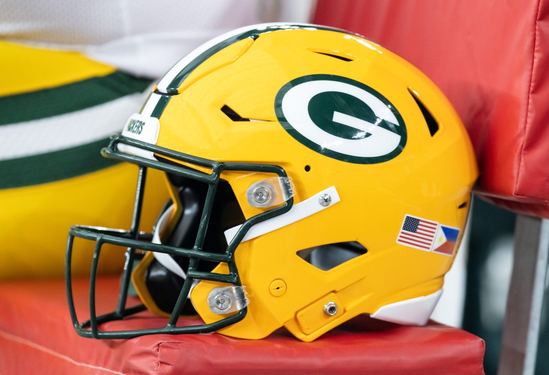 Detailed view of a Green Bay Packers helmet at State Farm Stadium.