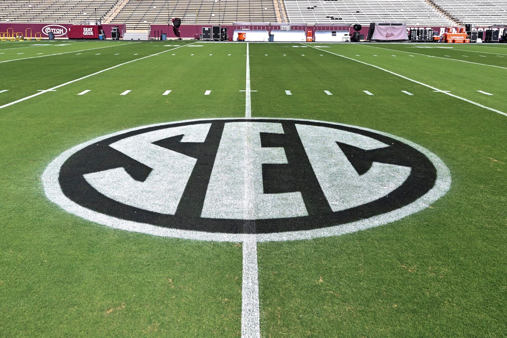 A detail view of the SEC logo painted on Kyle Field prior to the game between the Texas A&M Aggies and the Mississippi State Bulldogs.