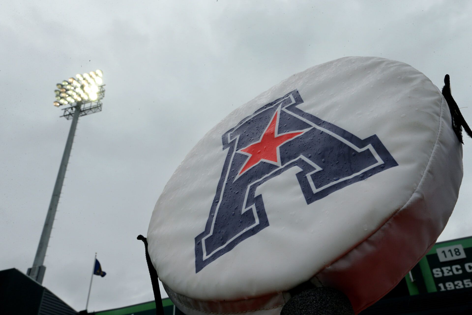The American Athletic Conference logo at Yulman Stadium before the game between the Tulane Green Wave and the Connecticut Huskies.