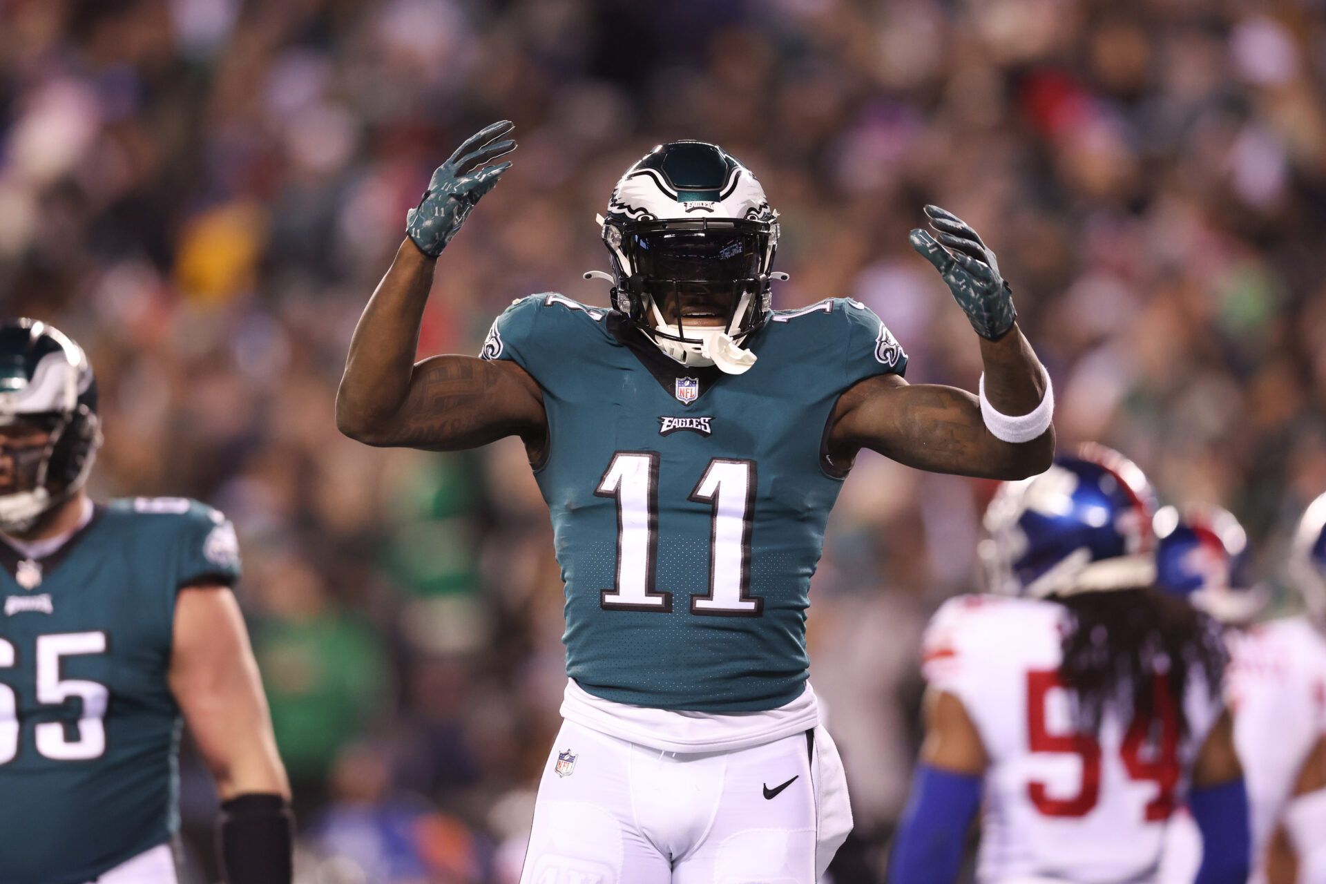 Philadelphia Eagles wide receiver A.J. Brown (11) reacts against the New York Giants during an NFC divisional round game at Lincoln Financial Field.