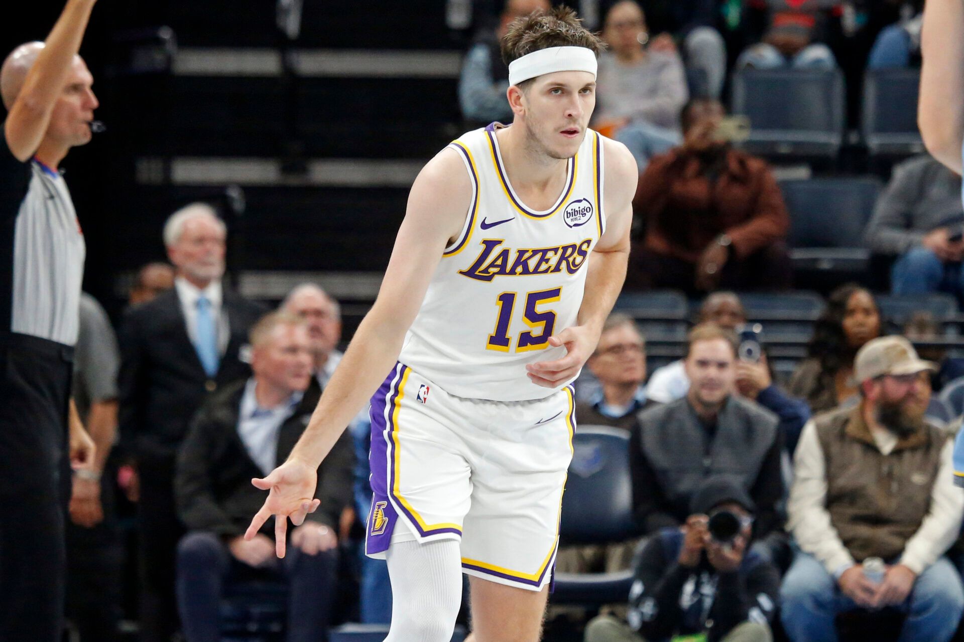 Los Angeles Lakers guard Austin Reaves (15) reacts during the third quarter against the Memphis Grizzlies at FedExForum.