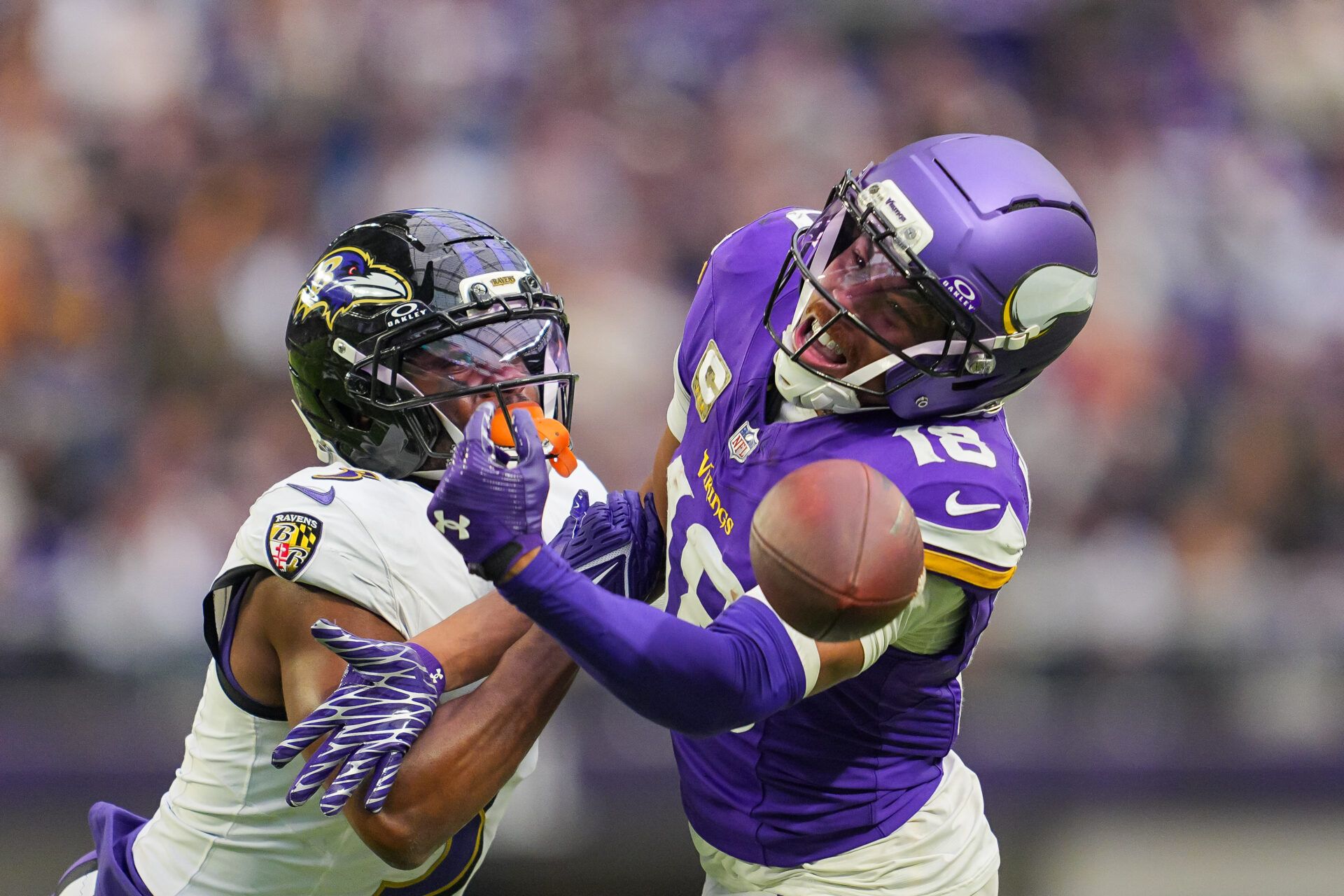 Baltimore Ravens cornerback Chidobe Awuzie (3) is called for pass interference against Minnesota Vikings wide receiver Justin Jefferson (18) in the fourth quarter at U.S. Bank Stadium.