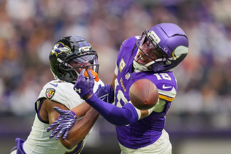 Baltimore Ravens cornerback Chidobe Awuzie (3) is called for pass interference against Minnesota Vikings wide receiver Justin Jefferson (18) in the fourth quarter at U.S. Bank Stadium.