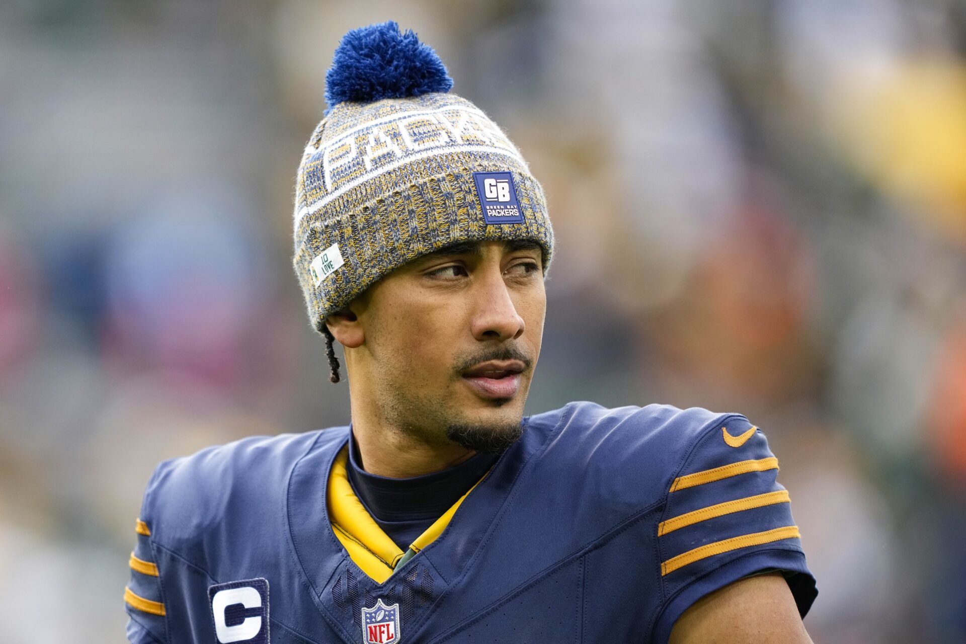 Green Bay Packers quarterback Jordan Love (10) following the game against the Carolina Panthers at Lambeau Field.