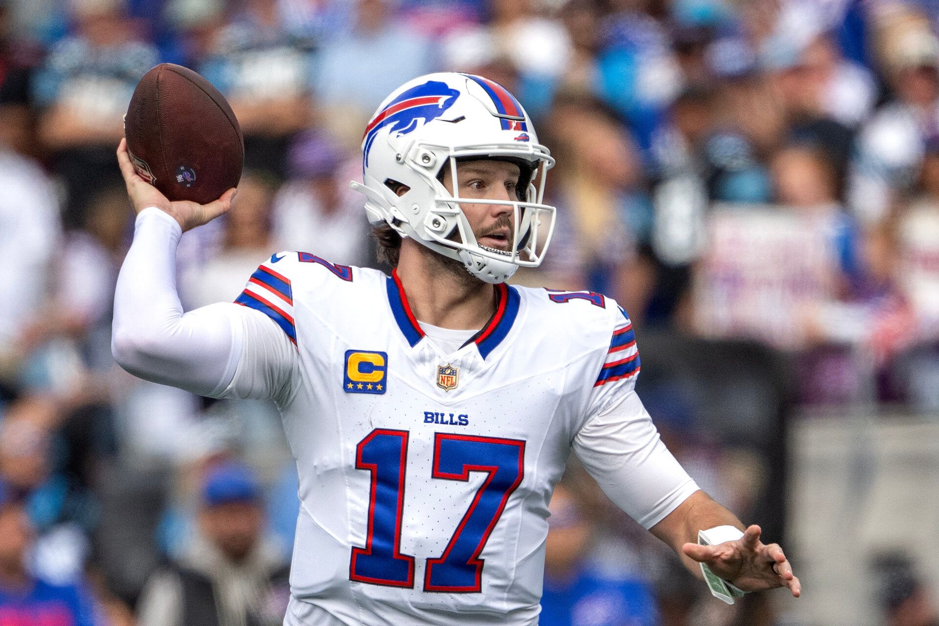 Buffalo Bills quarterback Josh Allen (17) looks to pass in the first quarter at Bank of America Stadium.
