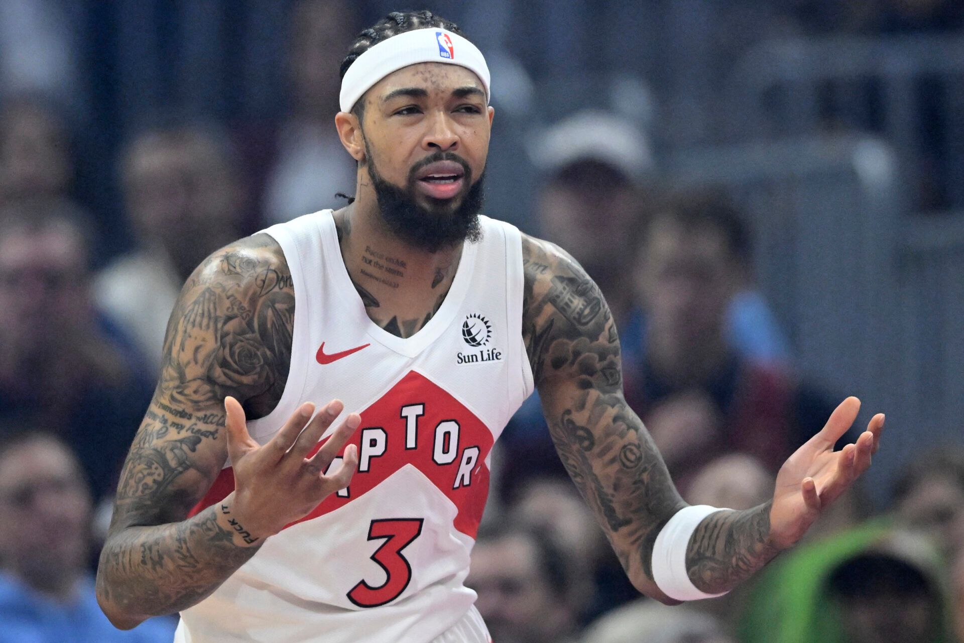 Toronto Raptors forward Brandon Ingram (3) reacts in the first quarter against the Cleveland Cavaliers at Rocket Arena.