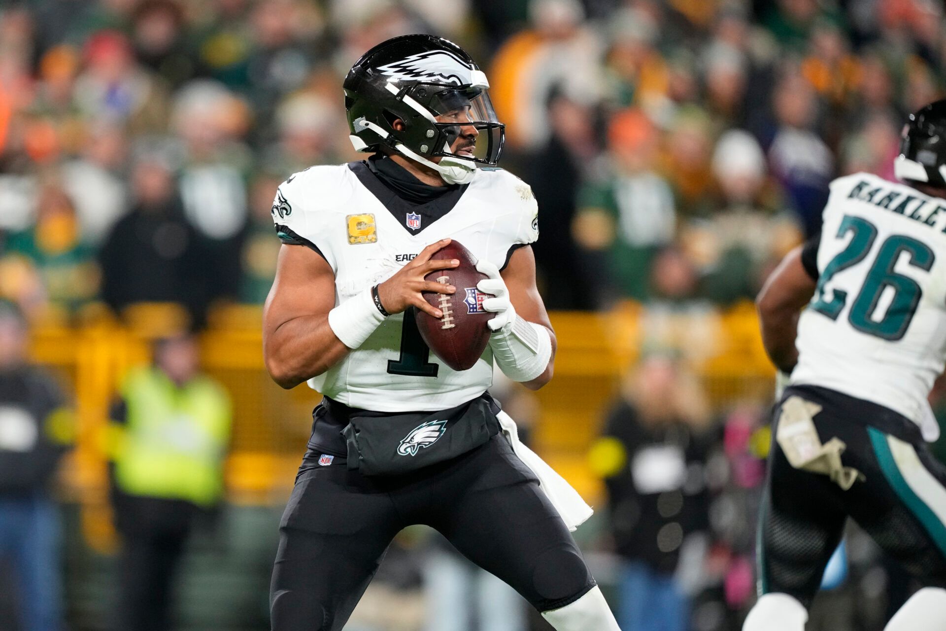 Philadelphia Eagles quarterback Jalen Hurts (1) stands in the pocket against the Green Bay Packers in the first half at Lambeau Field.