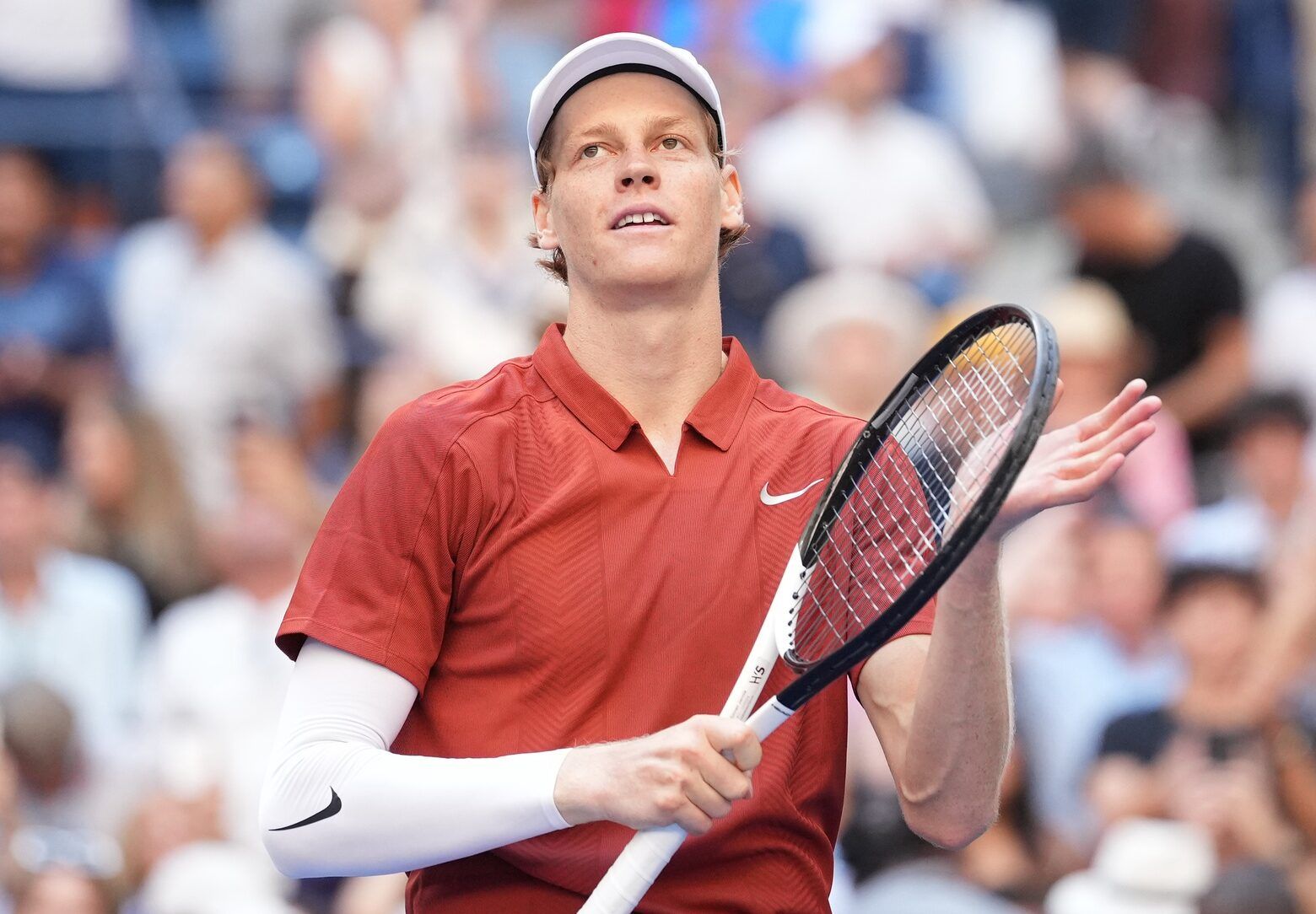 Jannik Sinner (ITA) after beating Denis Shapovalov (CAN) (not pictured) on day seven of the 2025 U.S. Open tennis tournament at the USTA Billie Jean King National Tennis Center.