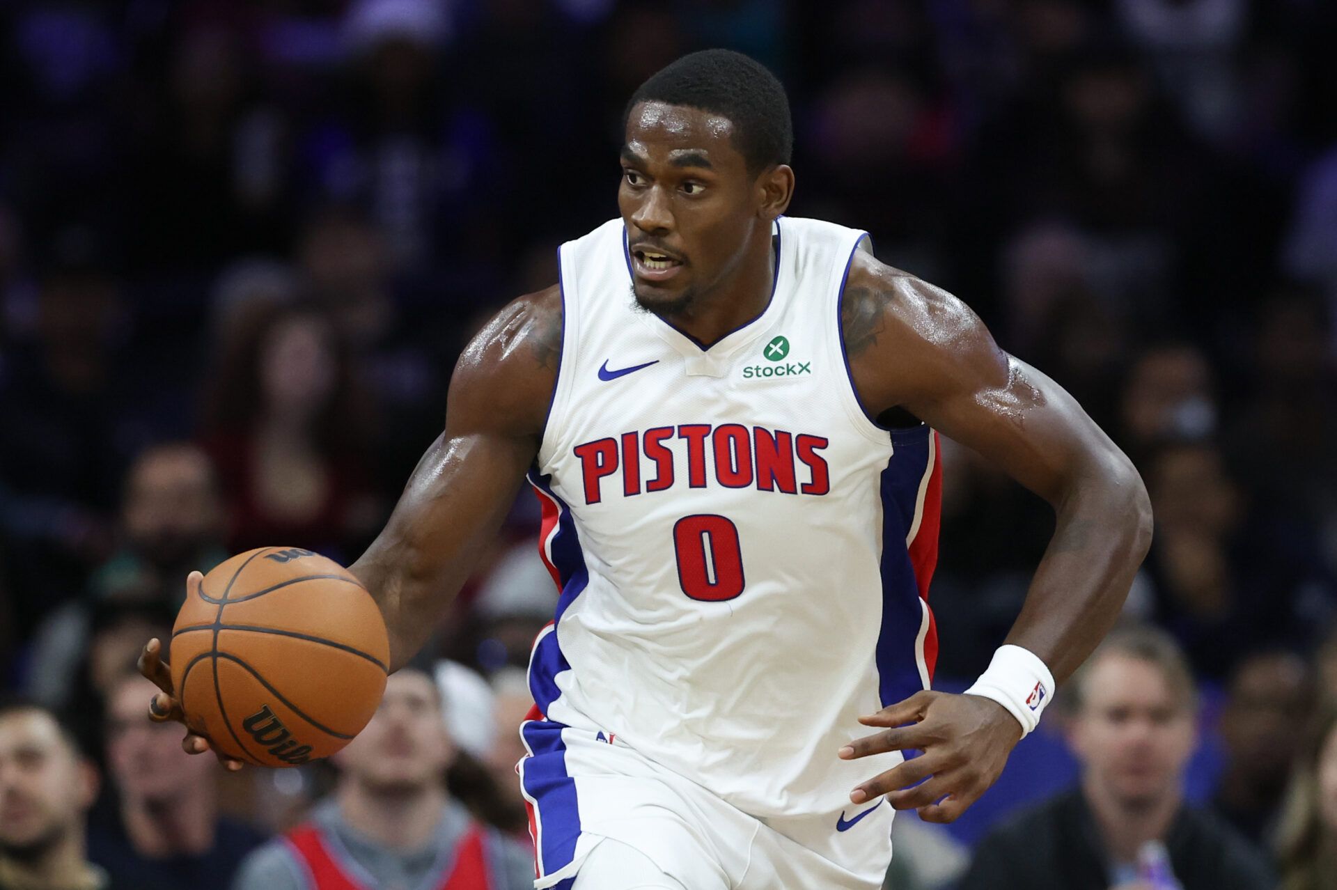 Detroit Pistons center Jalen Duren (0) dribbles the ball against the Philadelphia 76ers during the first quarter at Xfinity Mobile Arena.