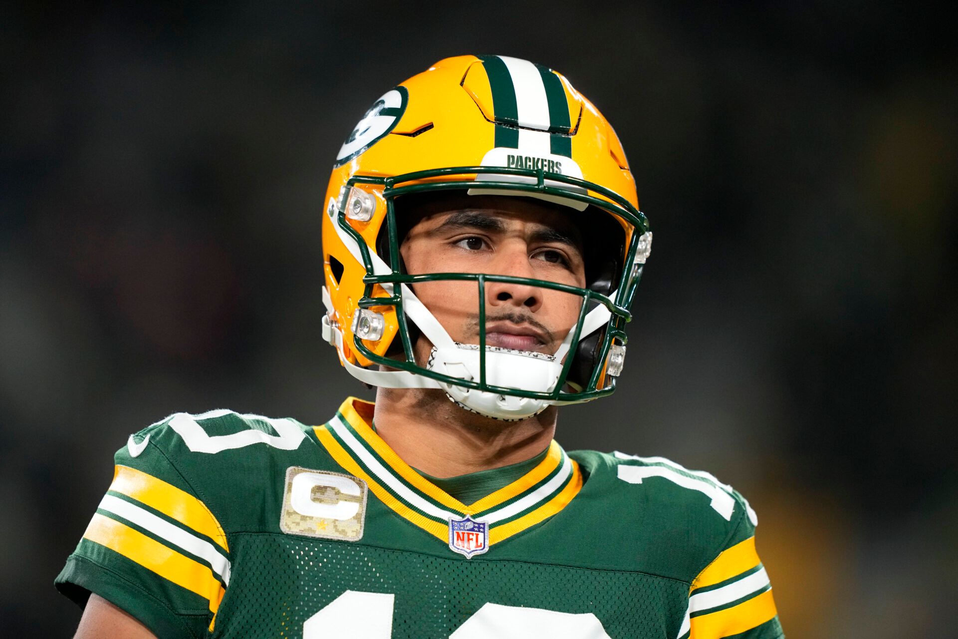 Green Bay Packers quarterback Jordan Love (10) warms up prior to a game against the Philadelphia Eagles at Lambeau Field.
