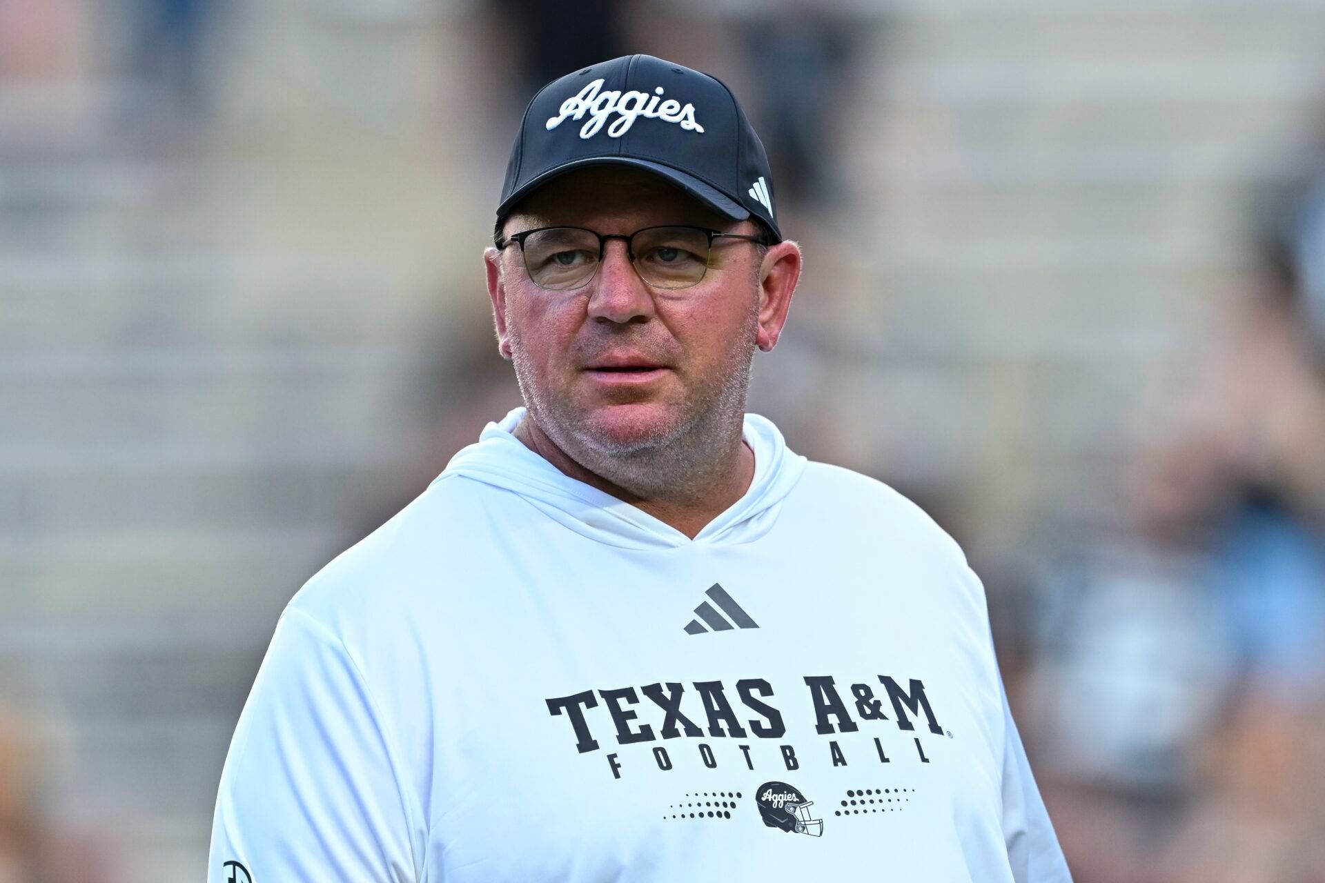 Texas A&M Aggies head coach Mike Elko looks on prior to the game against the Mississippi State Bulldogs at Kyle Field.