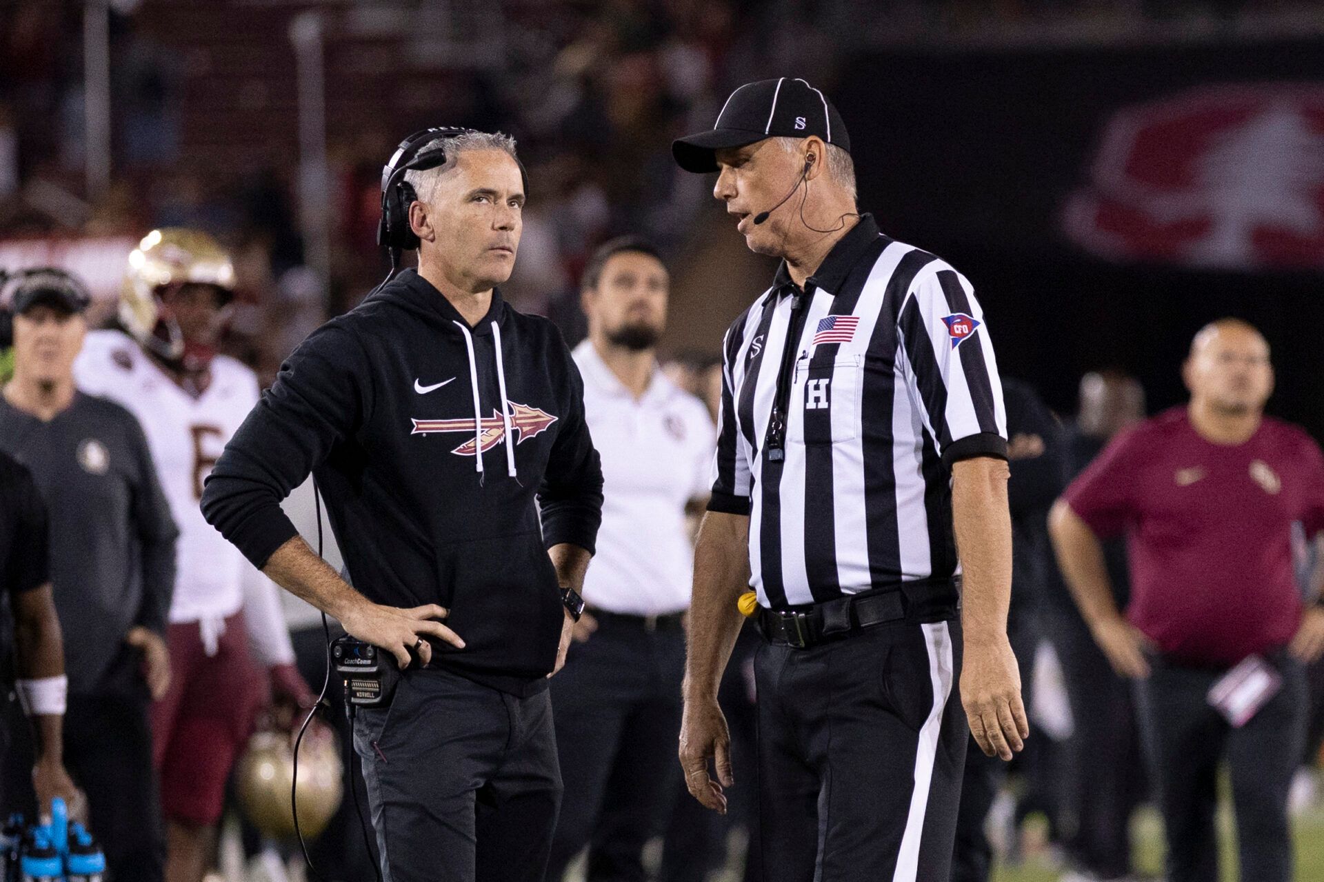 Florida State Seminoles head coach Mike Norvell reacts to the conversation with the referee during the fourth quarter against the Stanford Cardinal at Stanford Stadium.