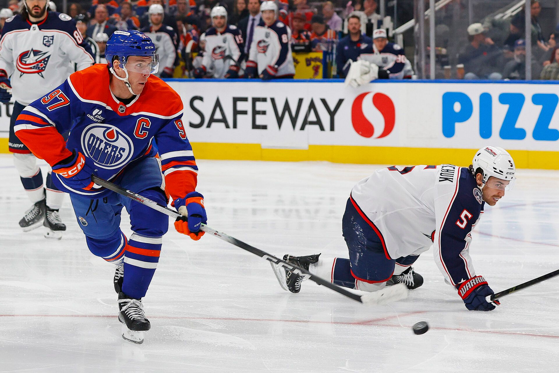 Edmonton Oilers forward Connor McDavid (97) scores a goal during the third period against Columbus Blue Jackets goaltender Jet Greaves (73) (not shown) at Rogers Place.