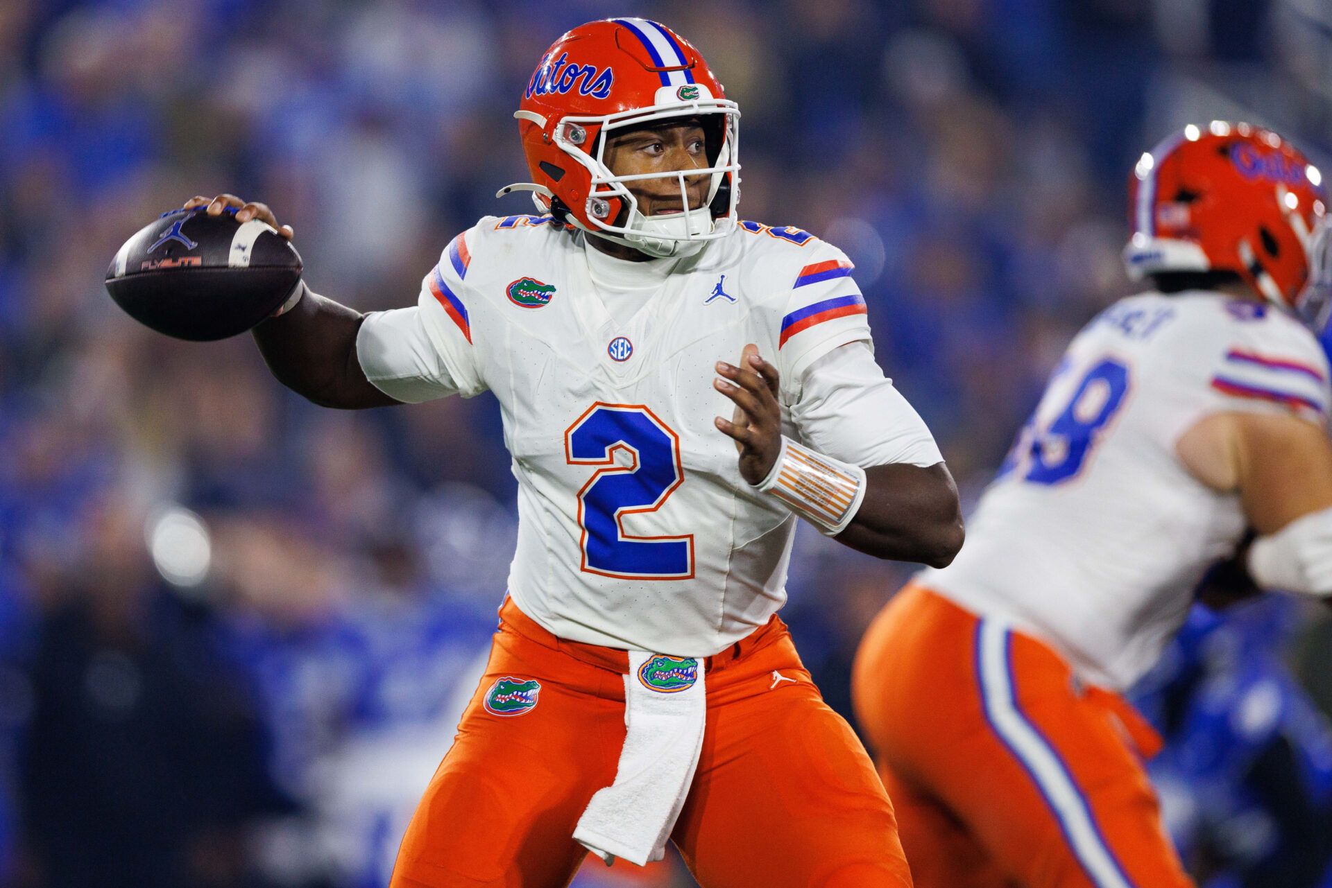 Florida Gators quarterback DJ Lagway (2) throws a pass during the first quarter against the Kentucky Wildcats at Kroger Field.