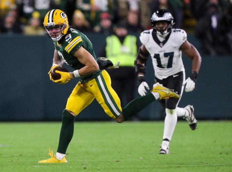 Green Bay Packers wide receiver Christian Watson (9) turns upfield after catching a pass against the Philadelphia Eagles on Monday, November 10, 2025, at Lambeau Field in Green Bay, Wis. The Eagles won the game, 10-7.
Tork Mason/USA TODAY NETWORK-Wisconsin
