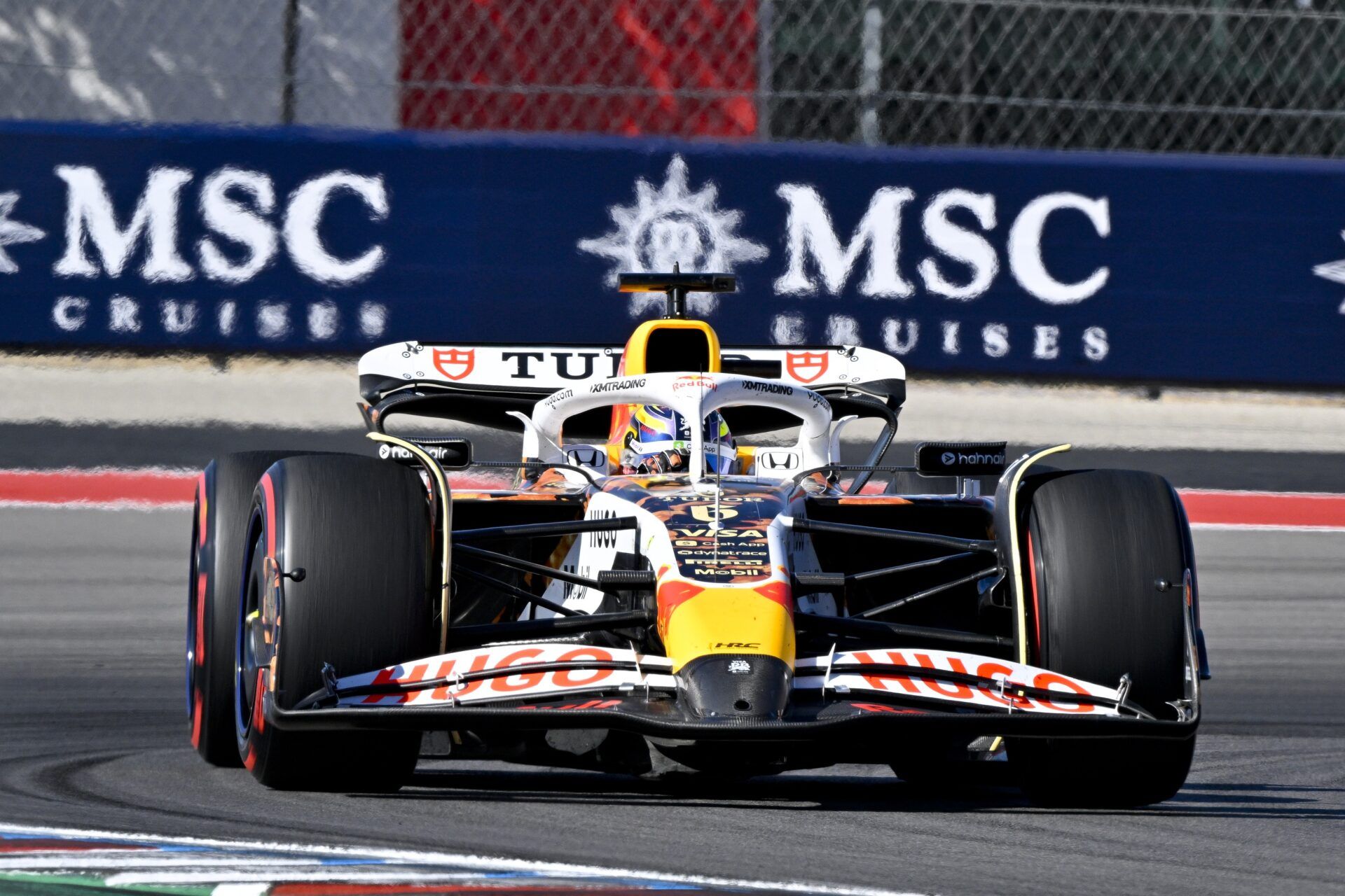Visa Cash App Racing Bulls driver Isack Hadjar (6) of Team France drives during the 2025 US Grand Prix at Circuit of The Americas in Austin, Texas.