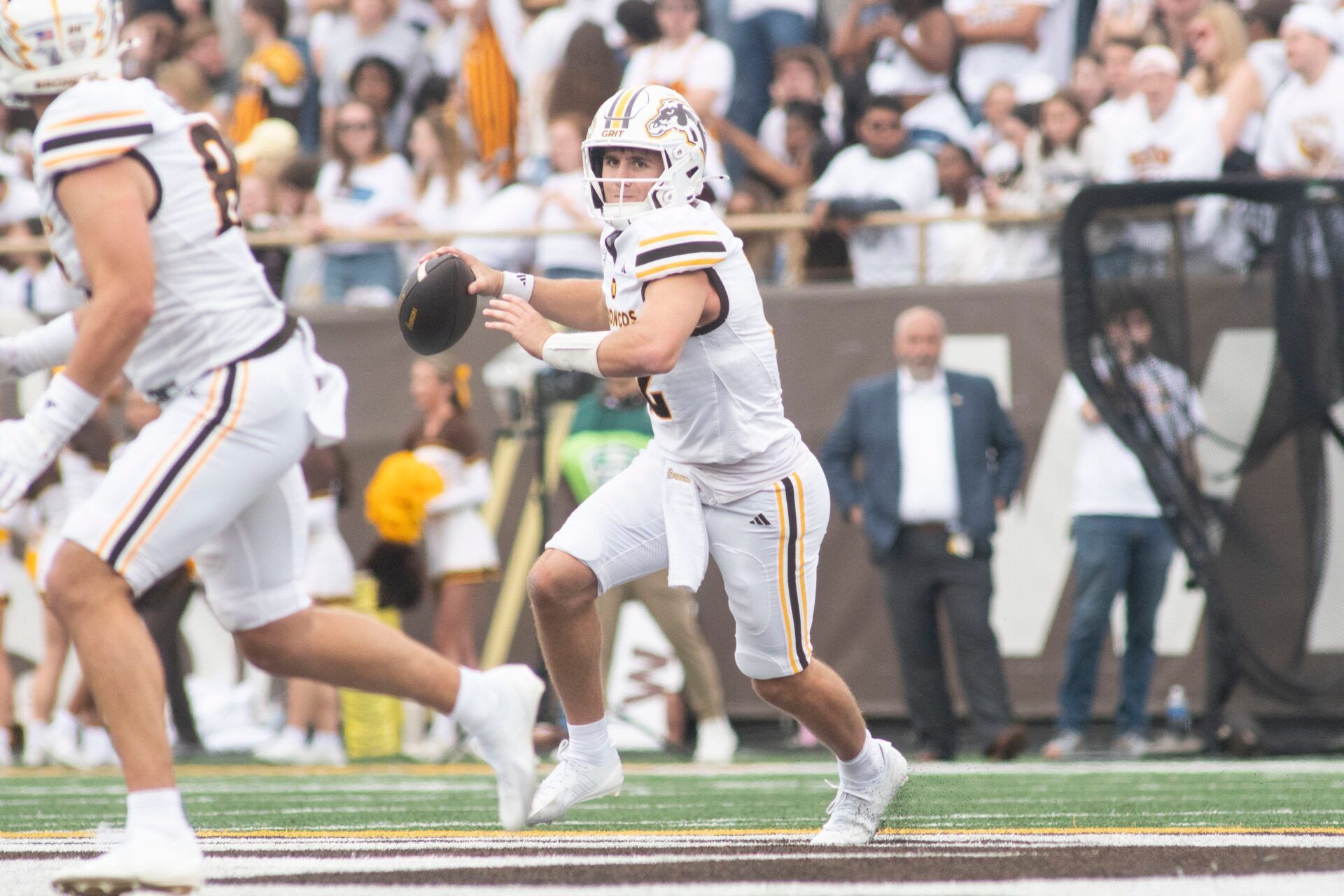 Western Michigan sophomore Broc Lowry throws a pass during the home-opening game against North Texas at Western Michigan University on Saturday, Sept. 6, 2025.