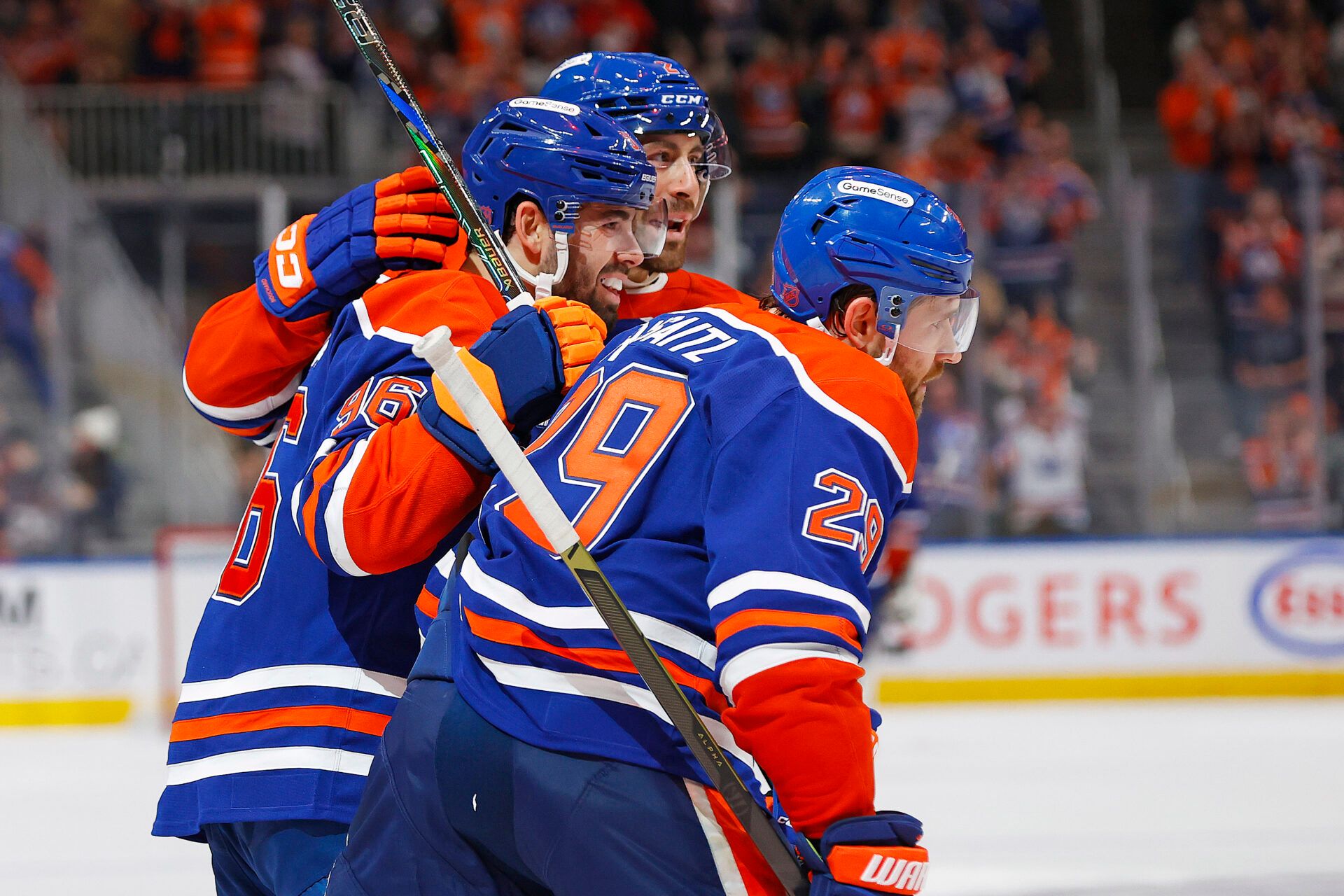 The Edmonton Oilers celebrate a goal scored by defenseman Jake Wahlman (96) during the third period against the Columbus Blue Jackets at Rogers Place.