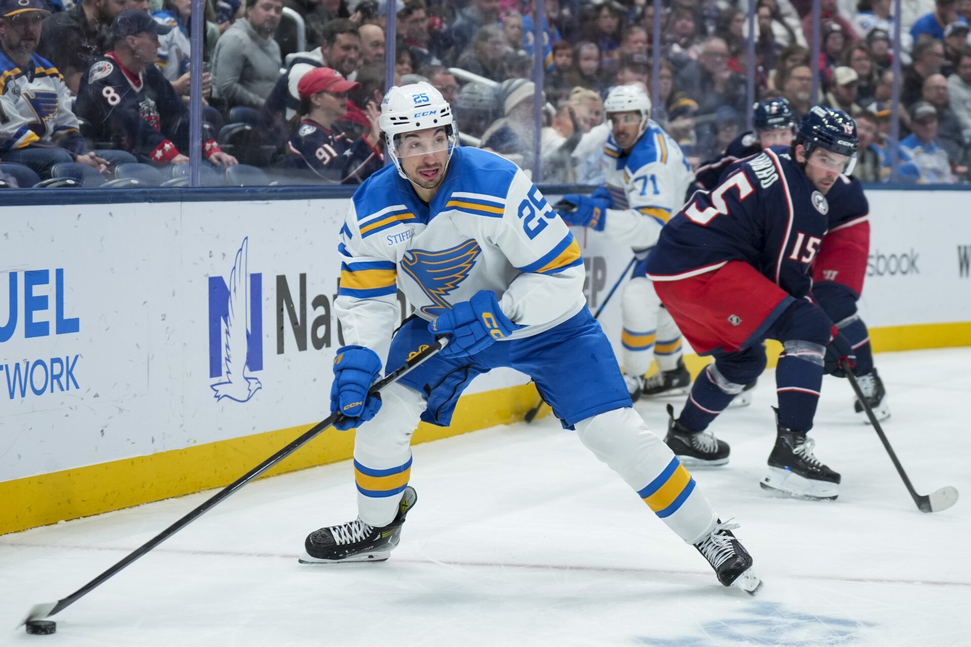 St. Louis Blues right wing Jordan Kyrou (25) skates with the puck against the Columbus Blue Jackets in the first period at Nationwide Arena.