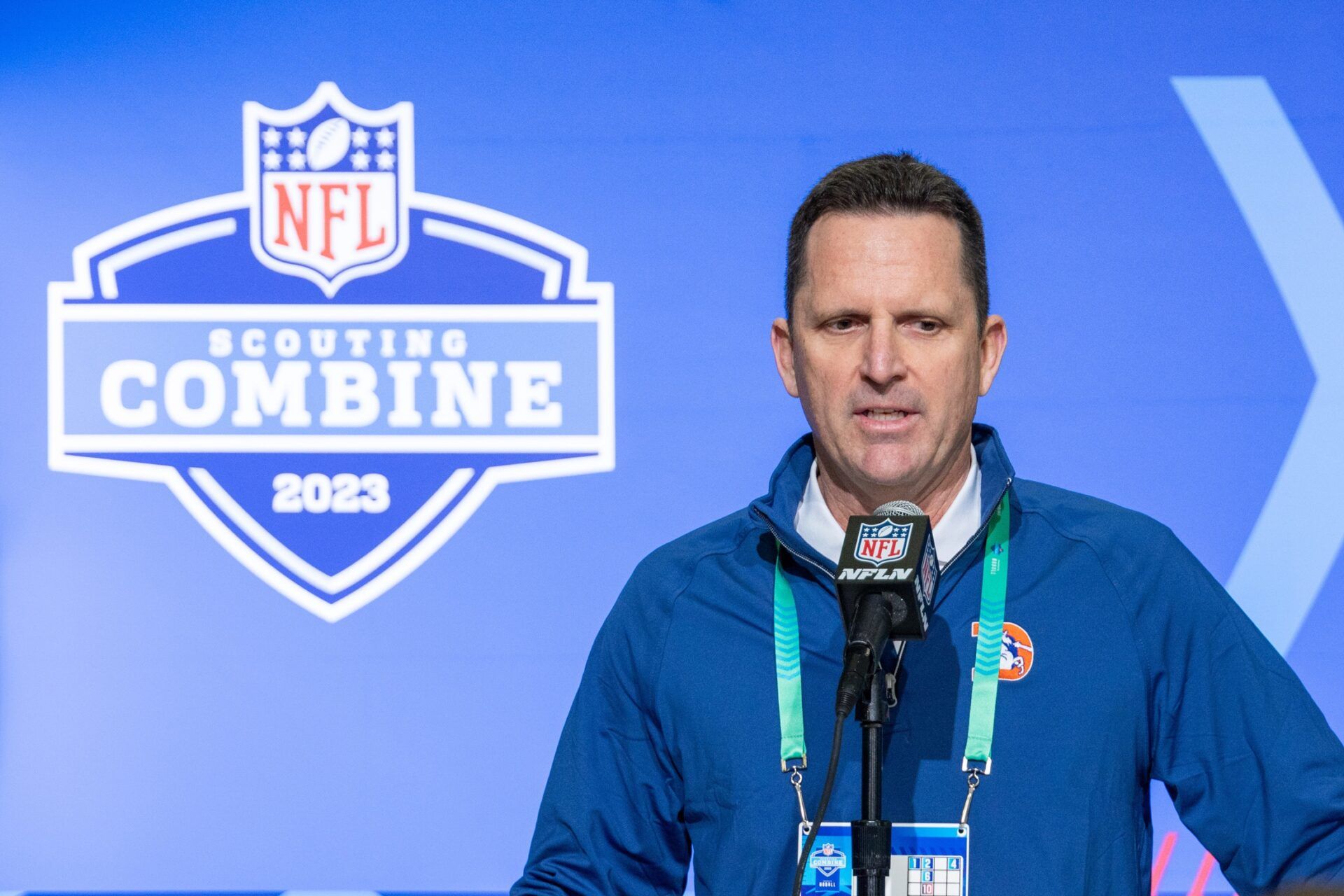 Denver Broncos general manager George Paton speaks to the press at the NFL Combine at Lucas Oil Stadium.