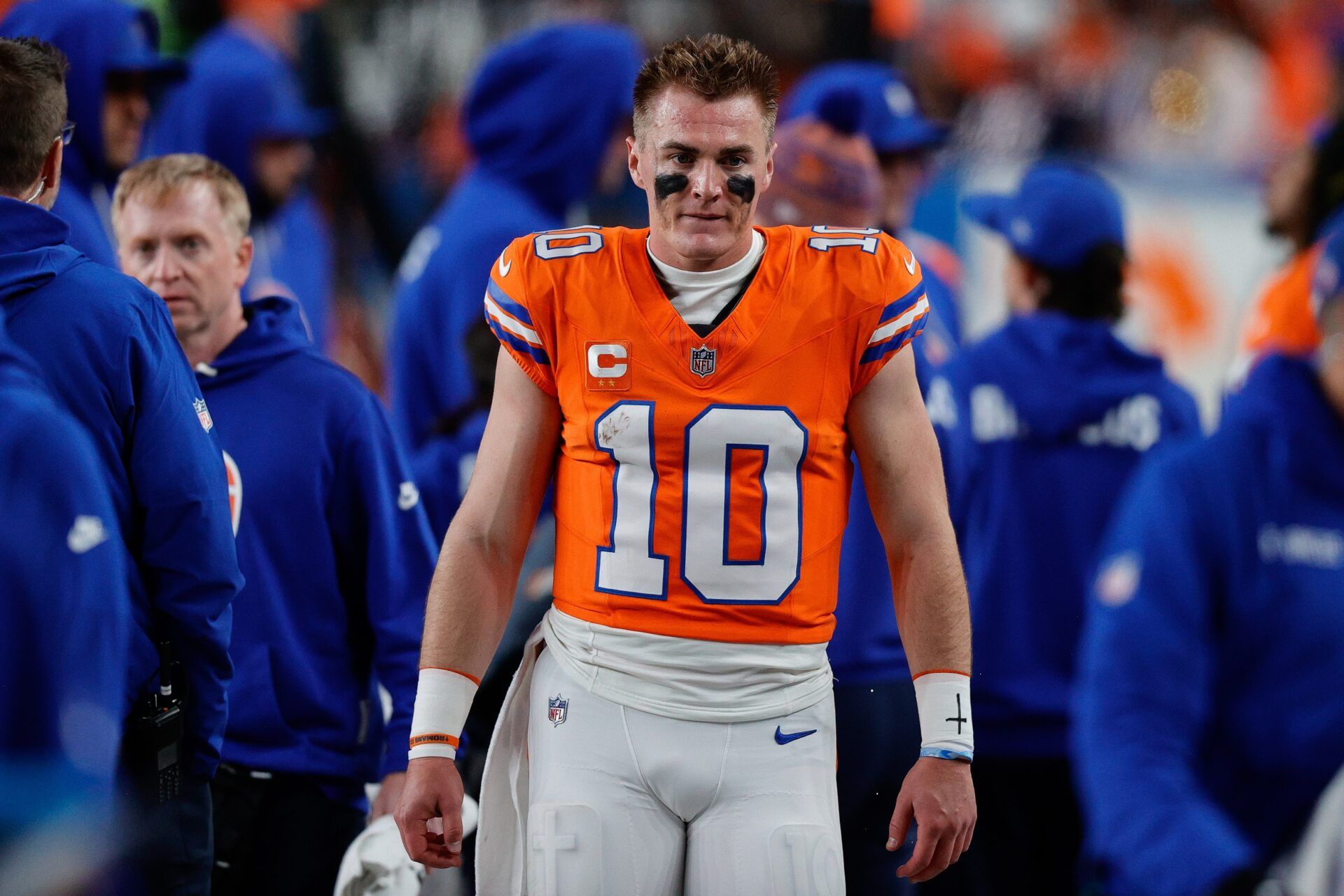 Denver Broncos quarterback Bo Nix (10) in the fourth quarter against the Las Vegas Raiders at Empower Field at Mile High.