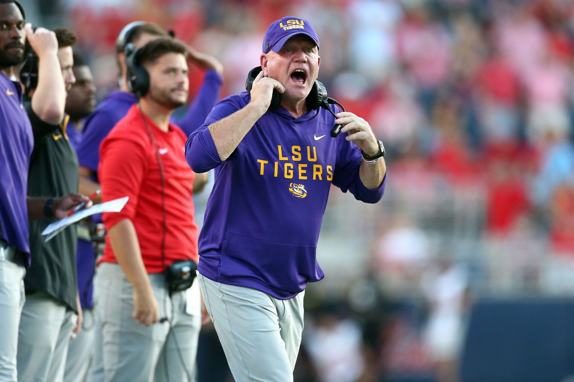 LSU Tigers head coach Brian Kelly reacts during the fourth quarter against the Mississippi Rebels at Vaught-Hemingway Stadium.