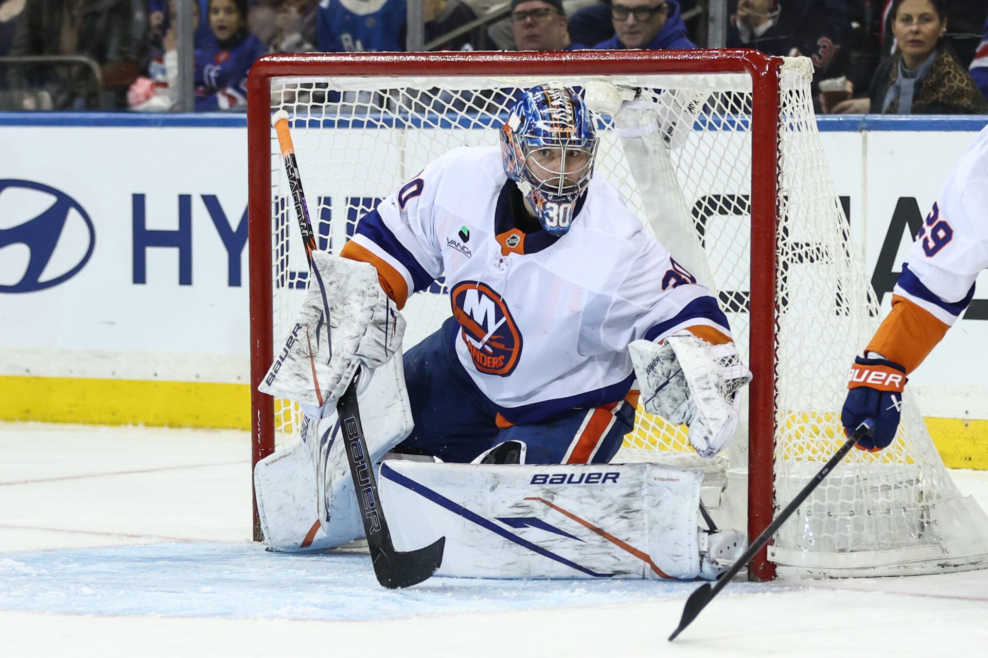 New York Islanders goaltender Ilya Sorokin (30) defends the net in the third period against the New York Rangers at Madison Square Garden.