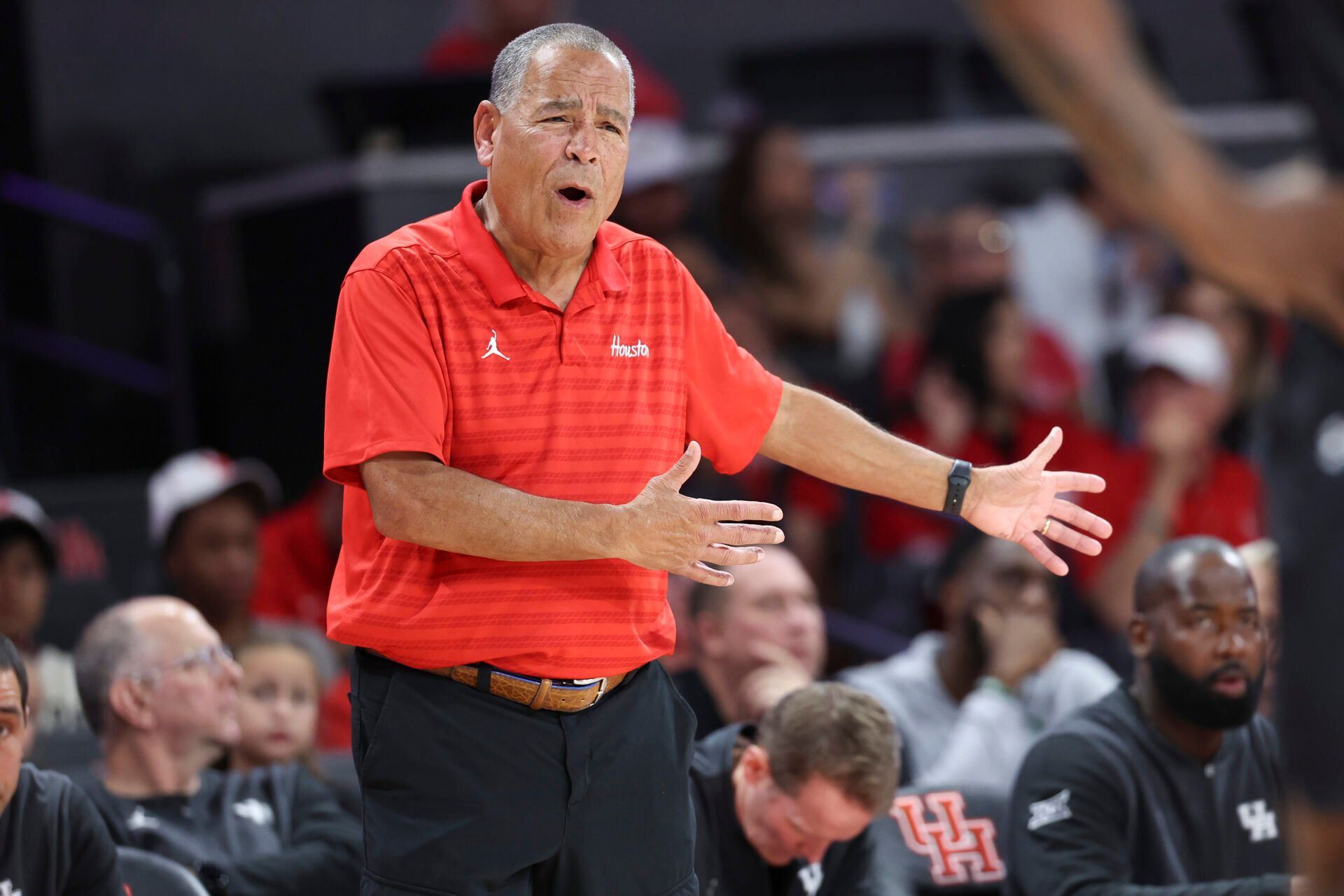 Houston Cougars head coach Kelvin Sampson reacts during the second half against the Towson Tigers at Fertitta Center.