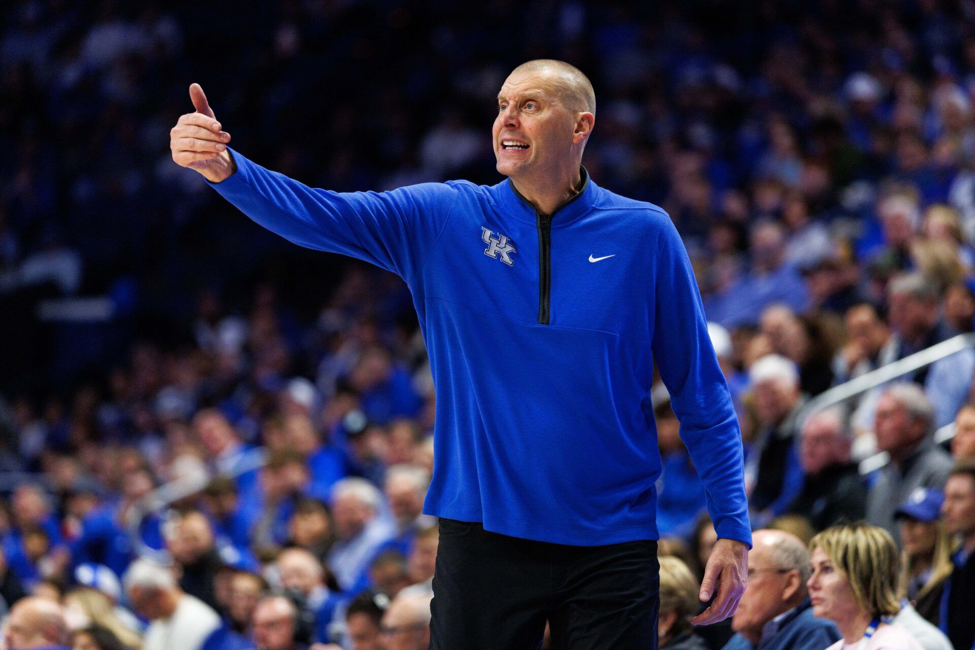Kentucky Wildcats head coach Mark Pope calls out to his players during the first half against the Georgetown Hoyas at Rupp Arena at Central Bank Center.