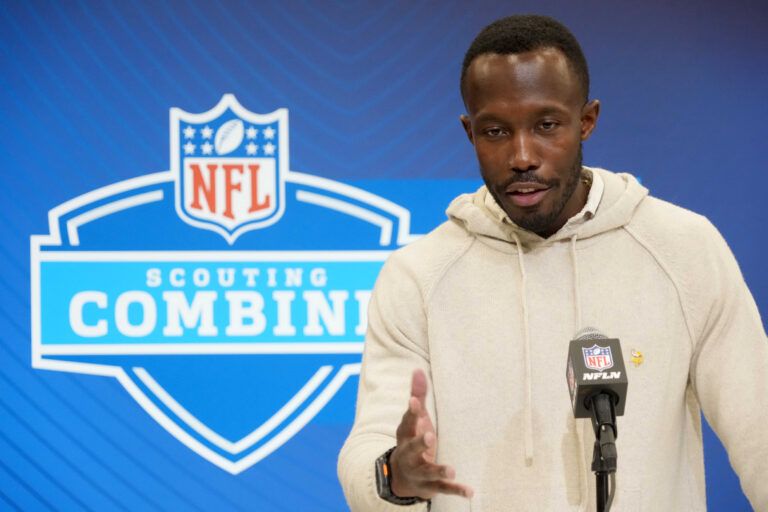 Minnesota Vikings general manager Kwesi Adofo-Mensah speaks during the NFL Scouting Combine at the Indiana Convention Center.