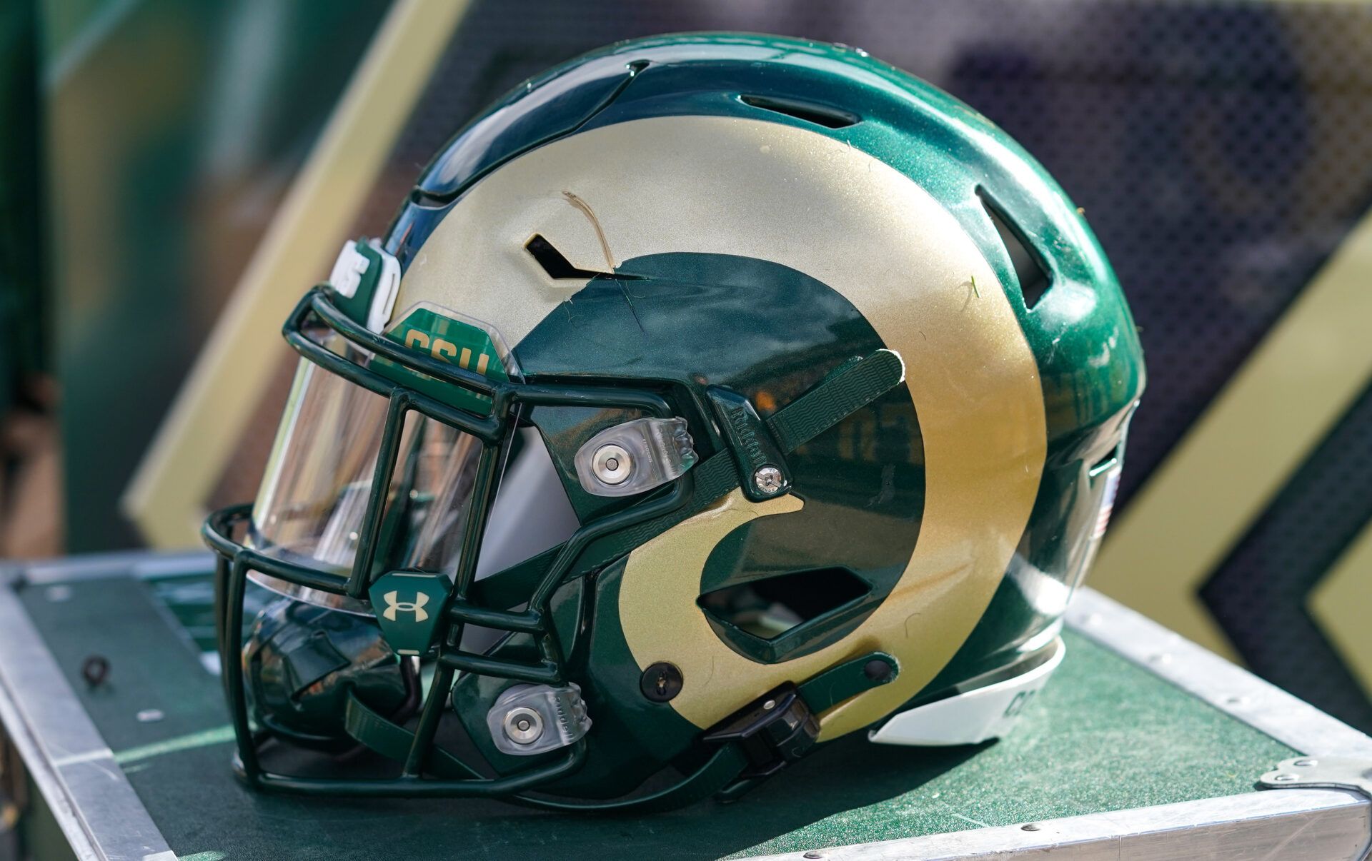 A general view of the Colorado State Rams helmet during game against Wyoming Cowboys at War Memorial Stadium.