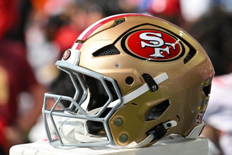 A San Francisco 49ers helmet sits idle during the game against the Minnesota Vikings at U.S. Bank Stadium.