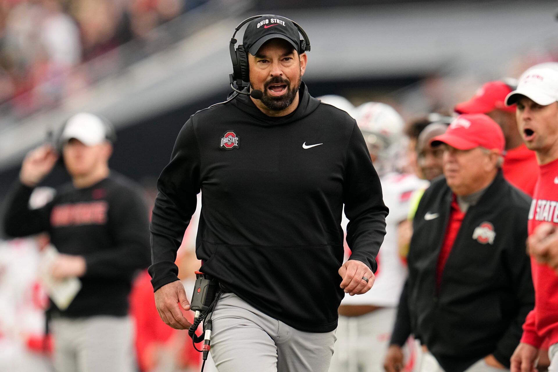 Ohio State Buckeyes head coach Ryan Day walks the sideline during the NCAA football game against the Purdue Boilermakers at Ross-Ade Stadium in West Lafayette, Ind. on Nov. 8, 2025. Ohio State won 34-10.