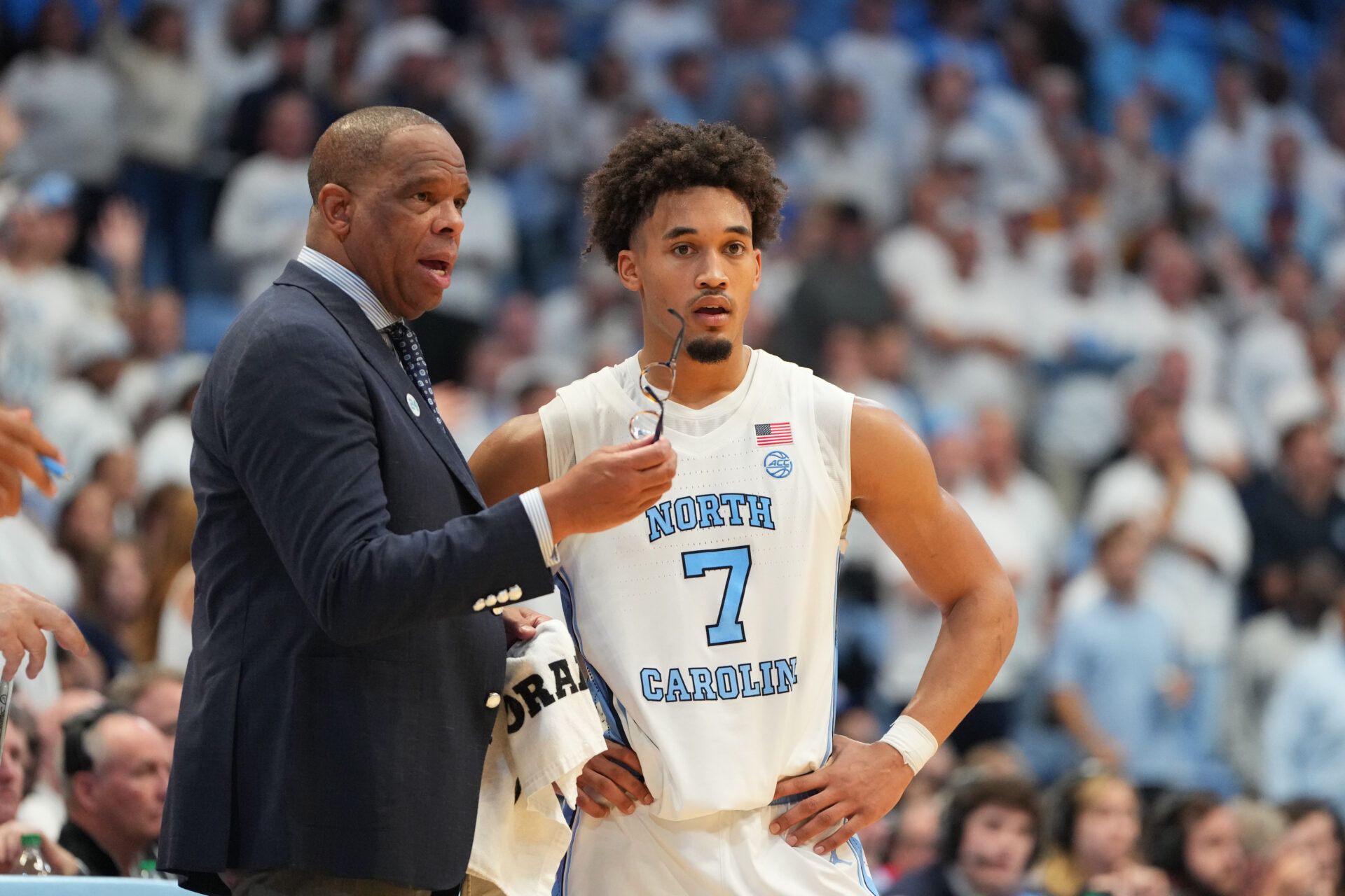 North Carolina Tar Heels head coach Hubert Davis with guard Seth Trimble (7) in the second half at Dean E. Smith Center.