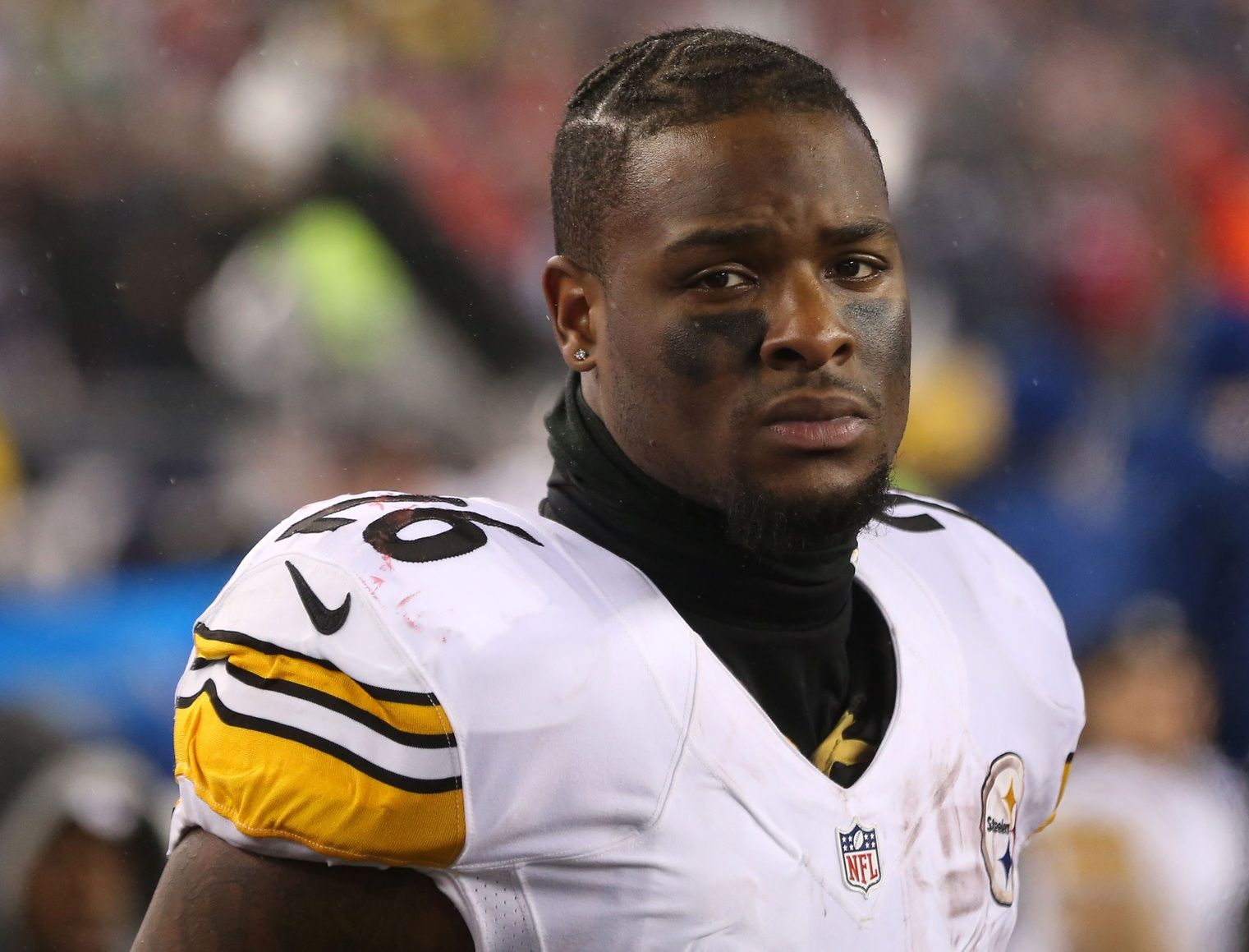 Pittsburgh Steelers running back Le'Veon Bell (26) reacts after the game against the New England Patriots in the 2017 AFC Championship Game at Gillette Stadium.