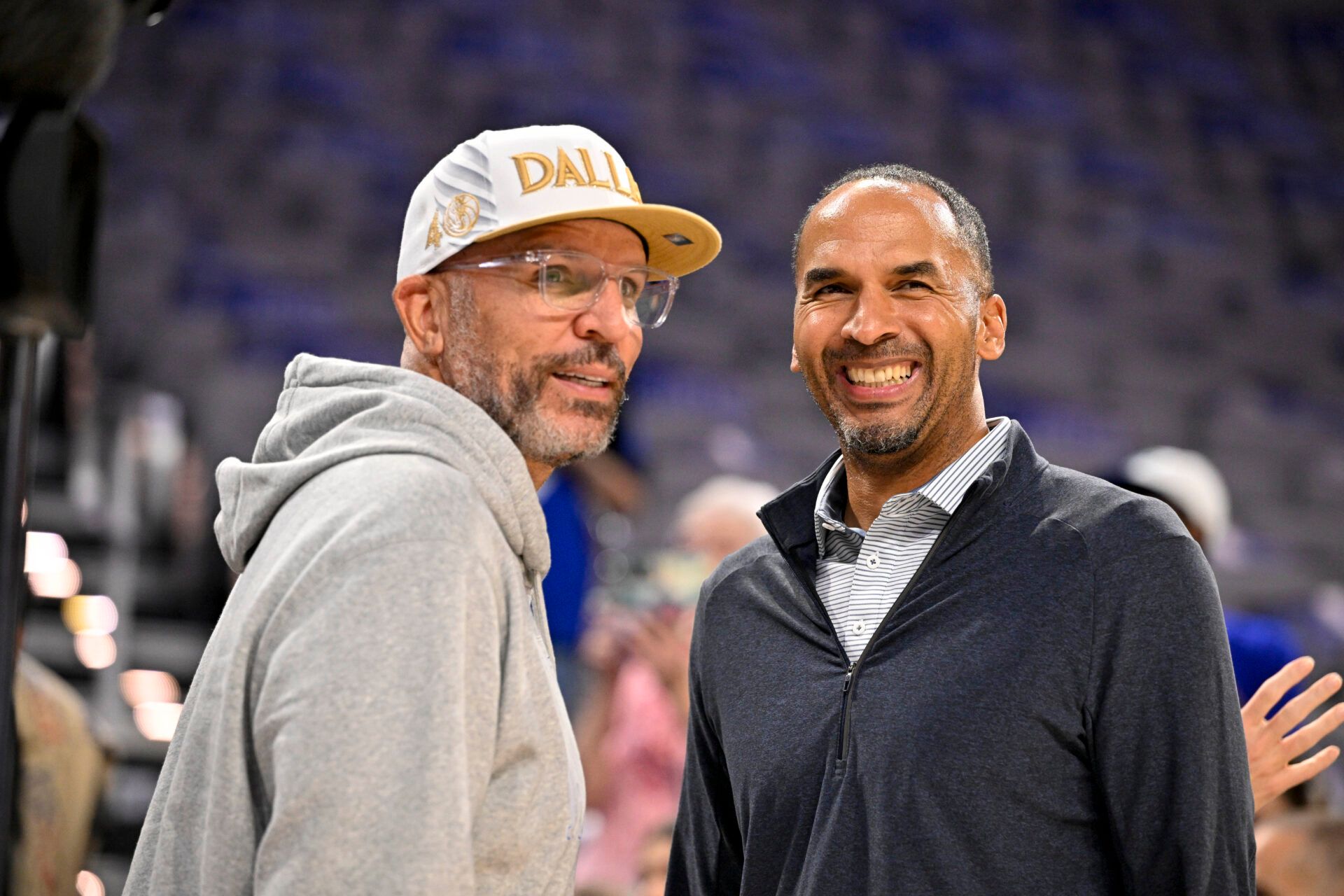 Dallas Mavericks head coach Jason Kidd (left) and general manager Nico Harrison (right) look on before the game against the Oklahoma City Thunder at Dickie's Arena.